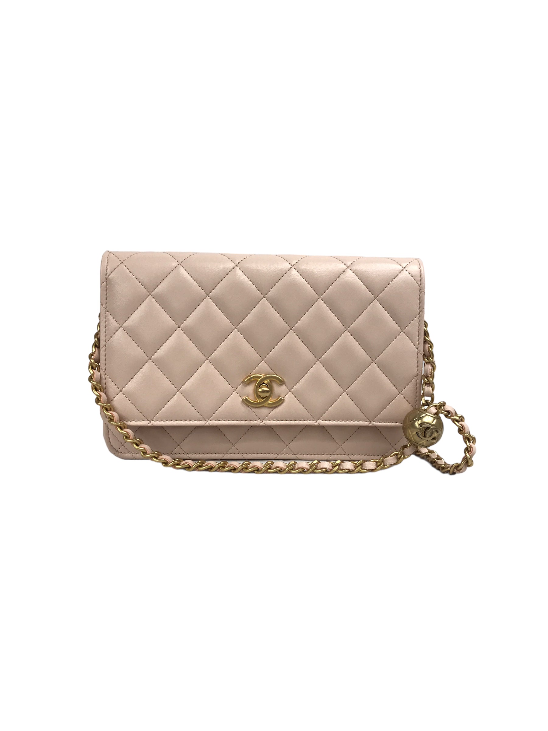 Plush Pink Quilted Lambskin Leather Pearl Crush Wallet on Chain w/AGHW