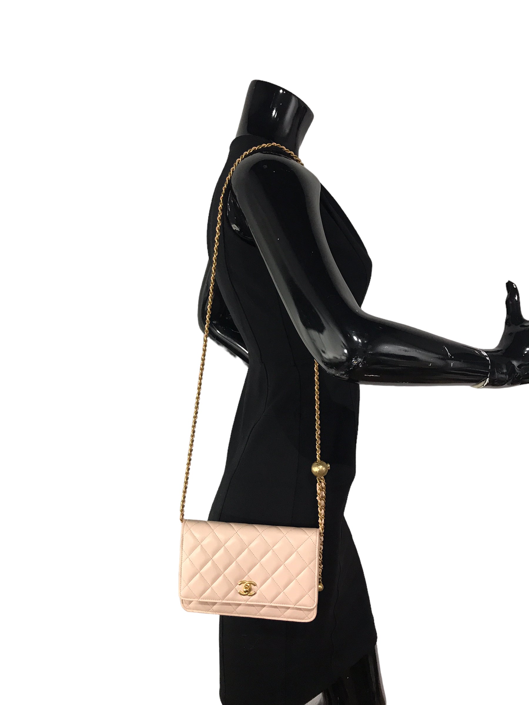 Plush Pink Quilted Lambskin Leather Pearl Crush Wallet on Chain w/AGHW