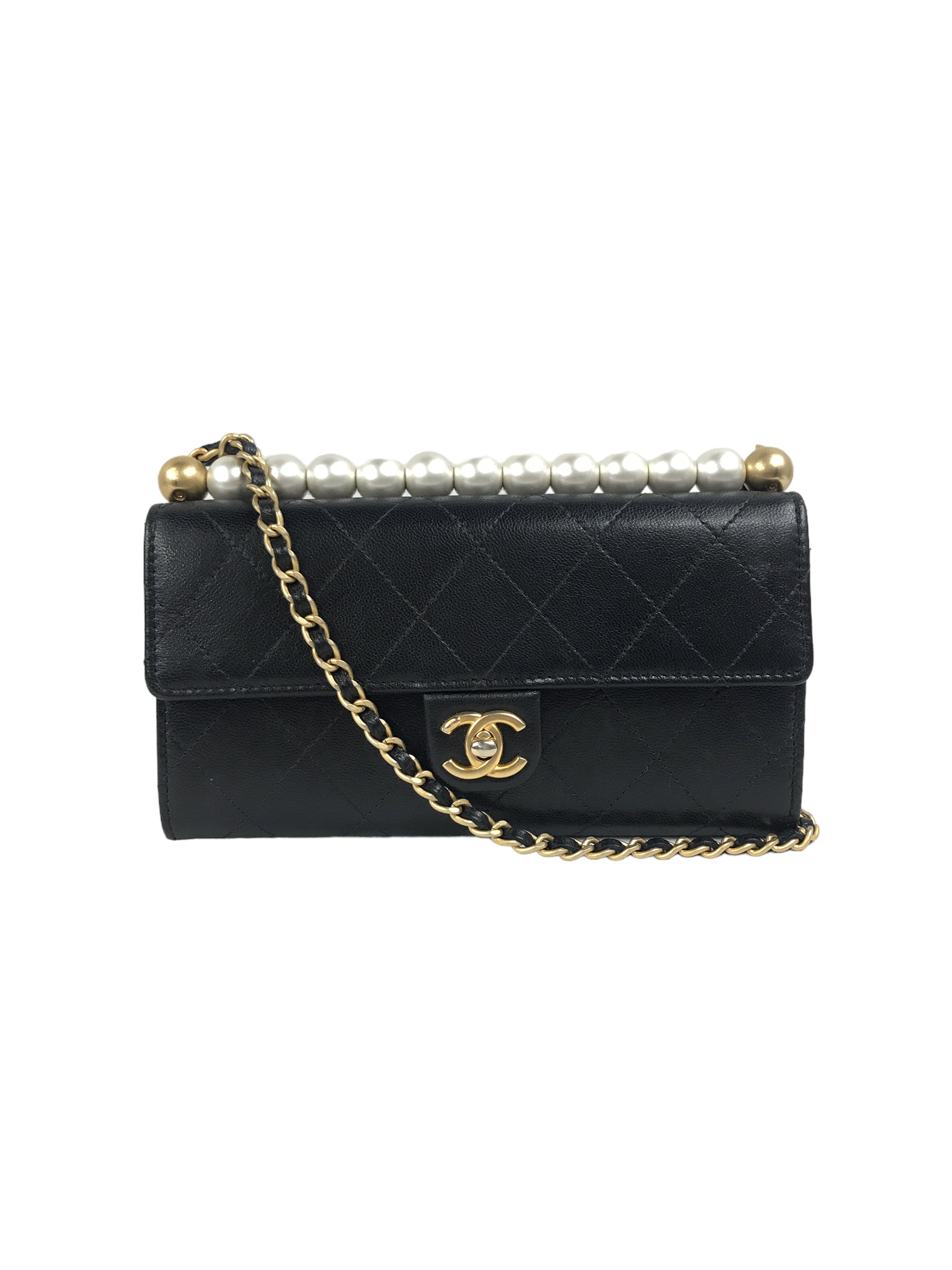 Black Goatskin Leather Faux Pearl Shoulder Flap Clutch w/AGHW Chain