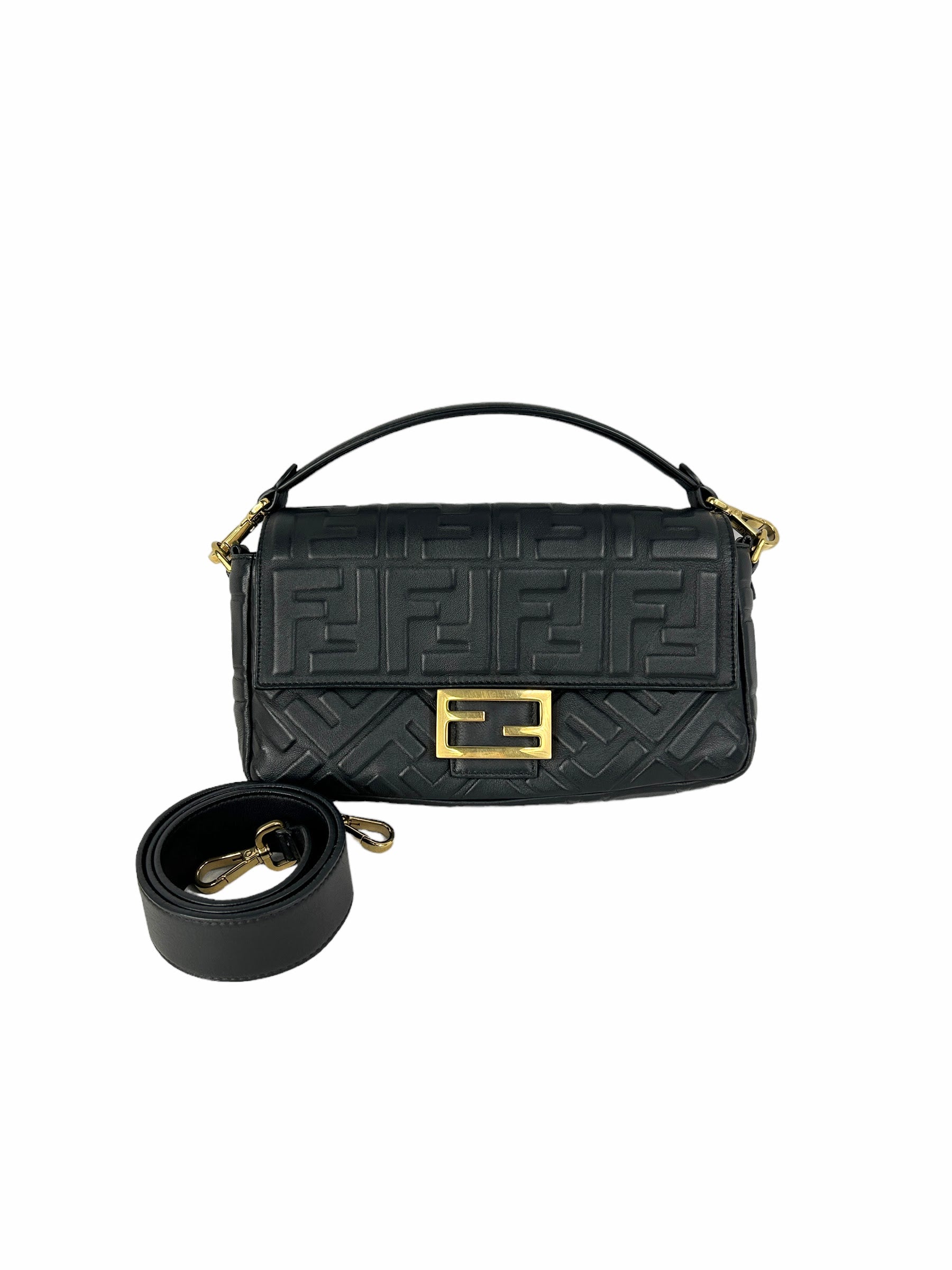 Black Embossed Lambskin Leather Baguette Shoulder Bag w/GHW