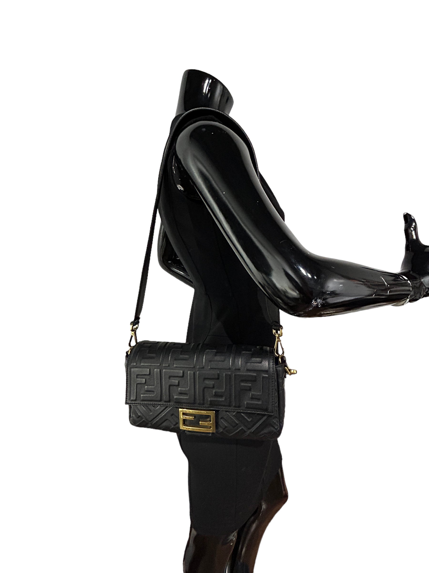 Black Embossed Lambskin Leather Baguette Shoulder Bag w/GHW