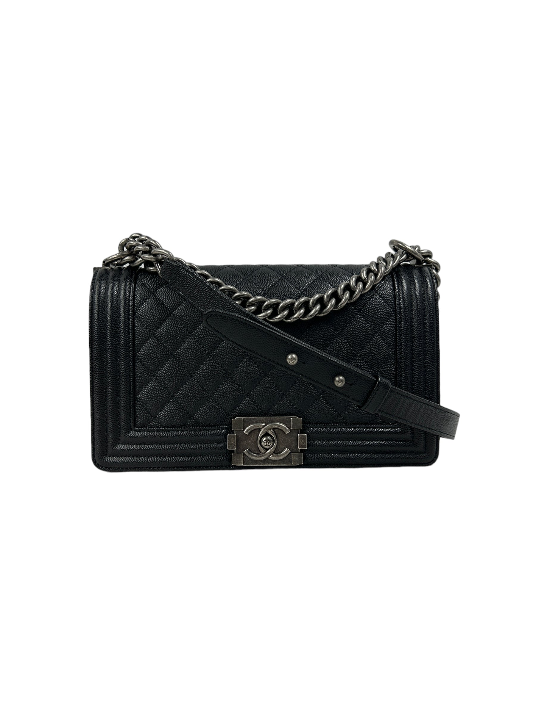 Black Caviar Quilted Old Medium Boy Bag w/ RHW