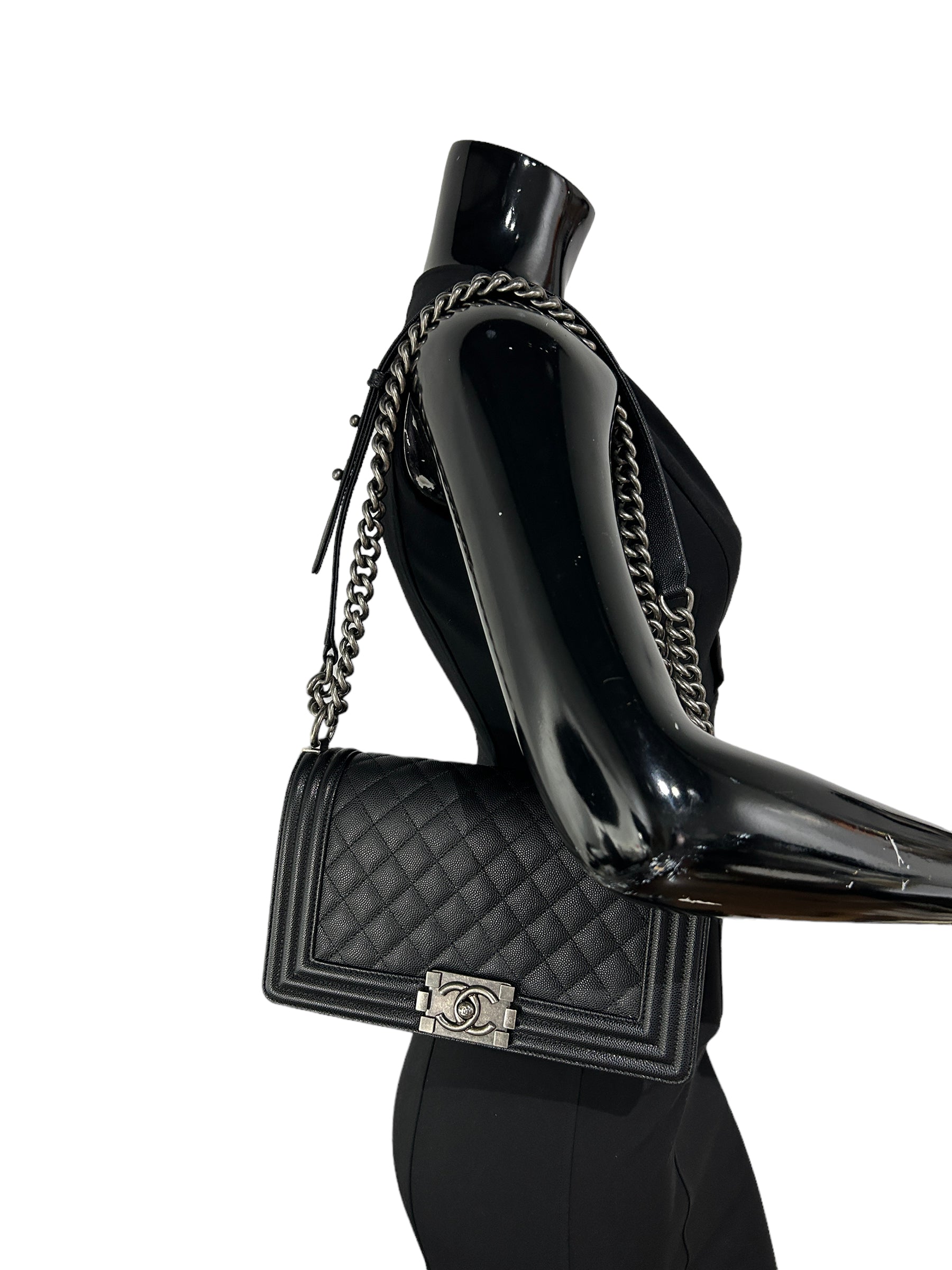Black Caviar Quilted Old Medium Boy Bag w/ RHW