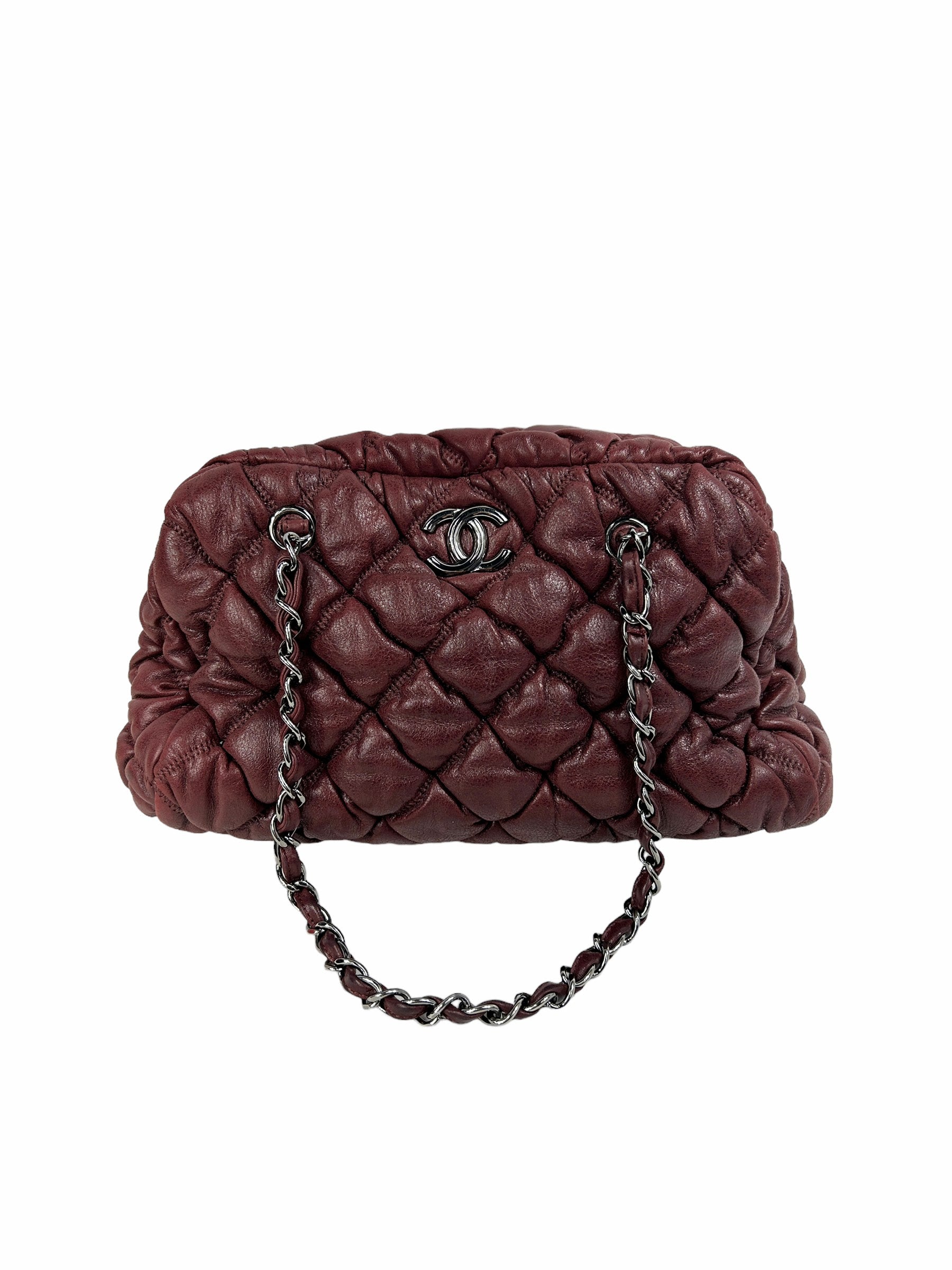 Burgundy Lambskin Leather Bubble Quilted Bowler Bag w/RHW