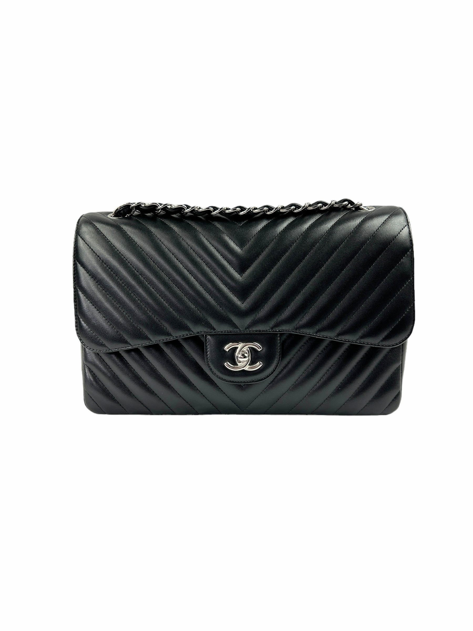 Black Chevron Lambskin Double Flap Jumbo w/SHW