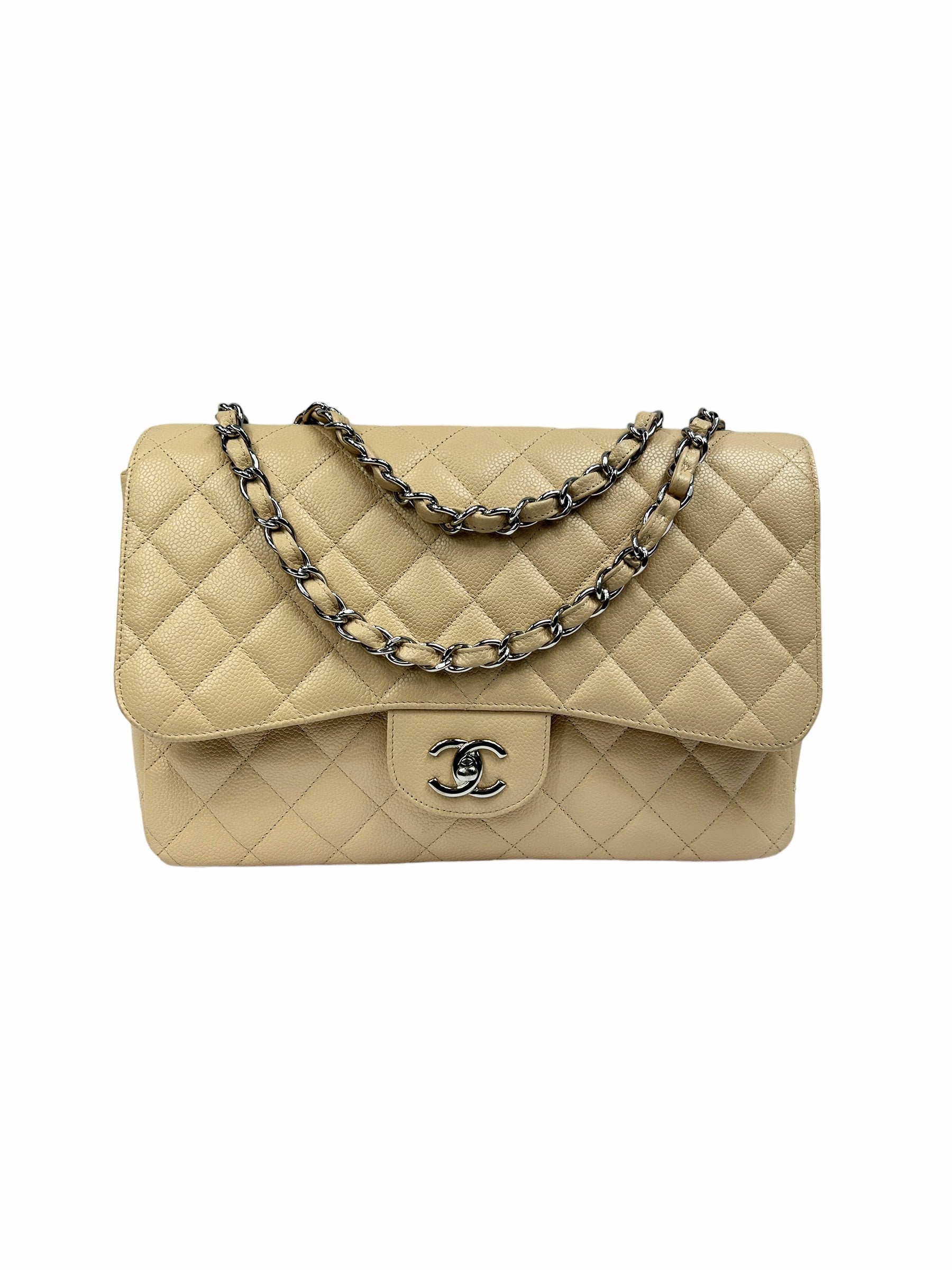 Beige Caviar Quilted Single Flap Jumbo w/SHW