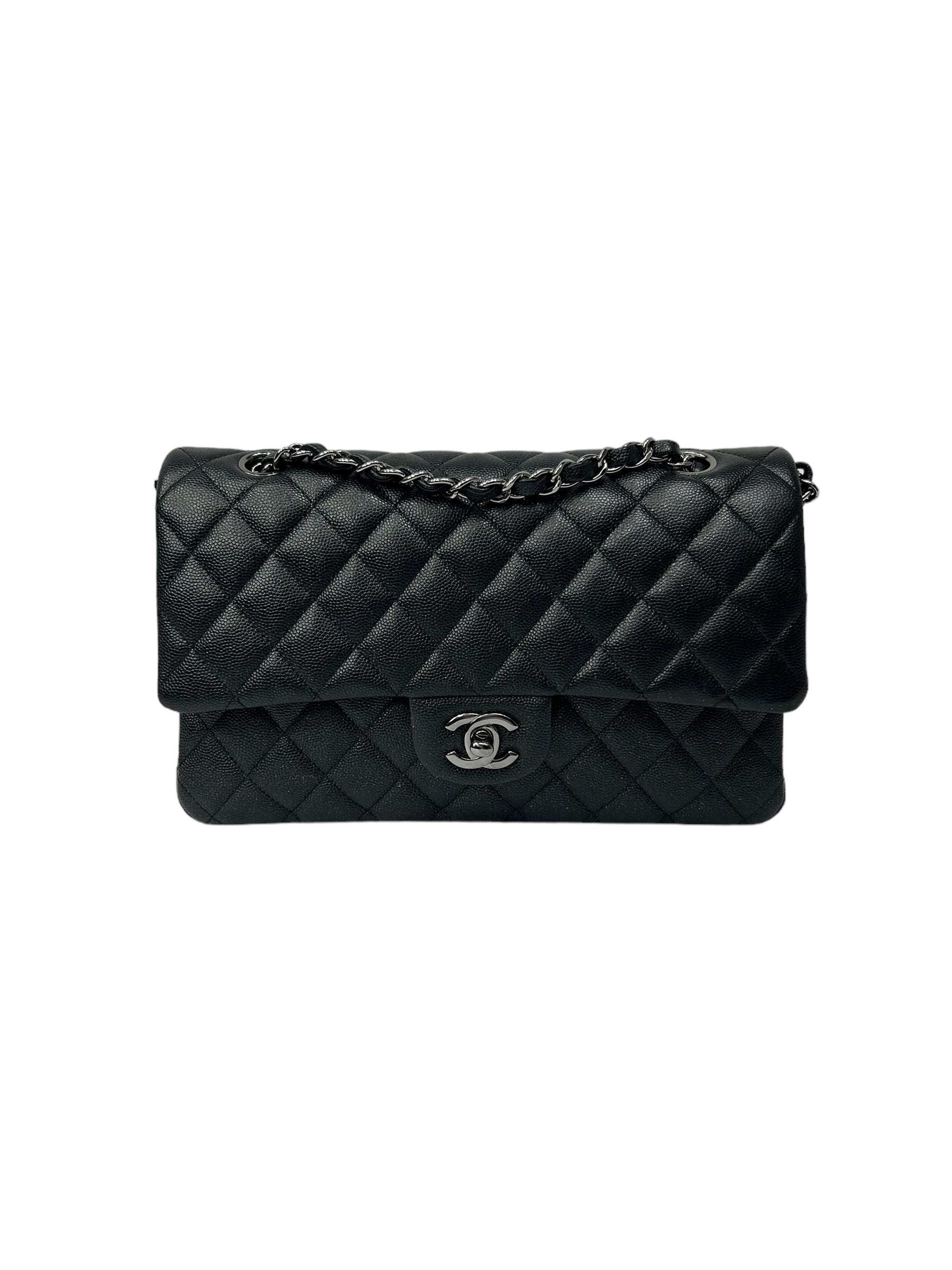 Black Caviar Glitter Quilted Leather Double Classic Flap w/RHW