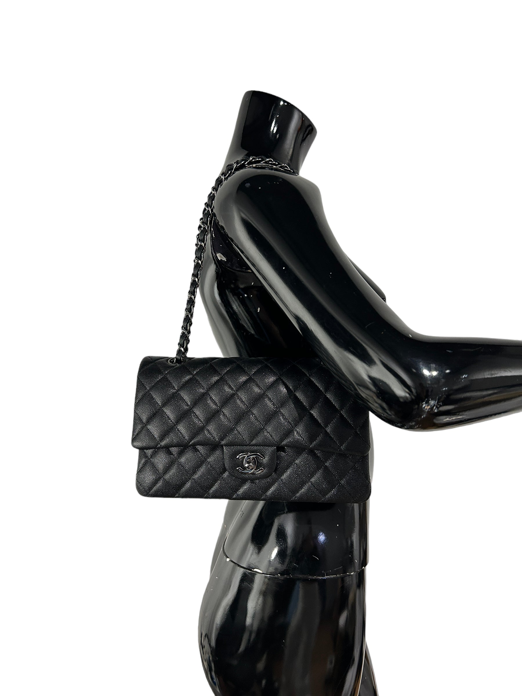 Black Caviar Glitter Quilted Leather Double Classic Flap w/RHW