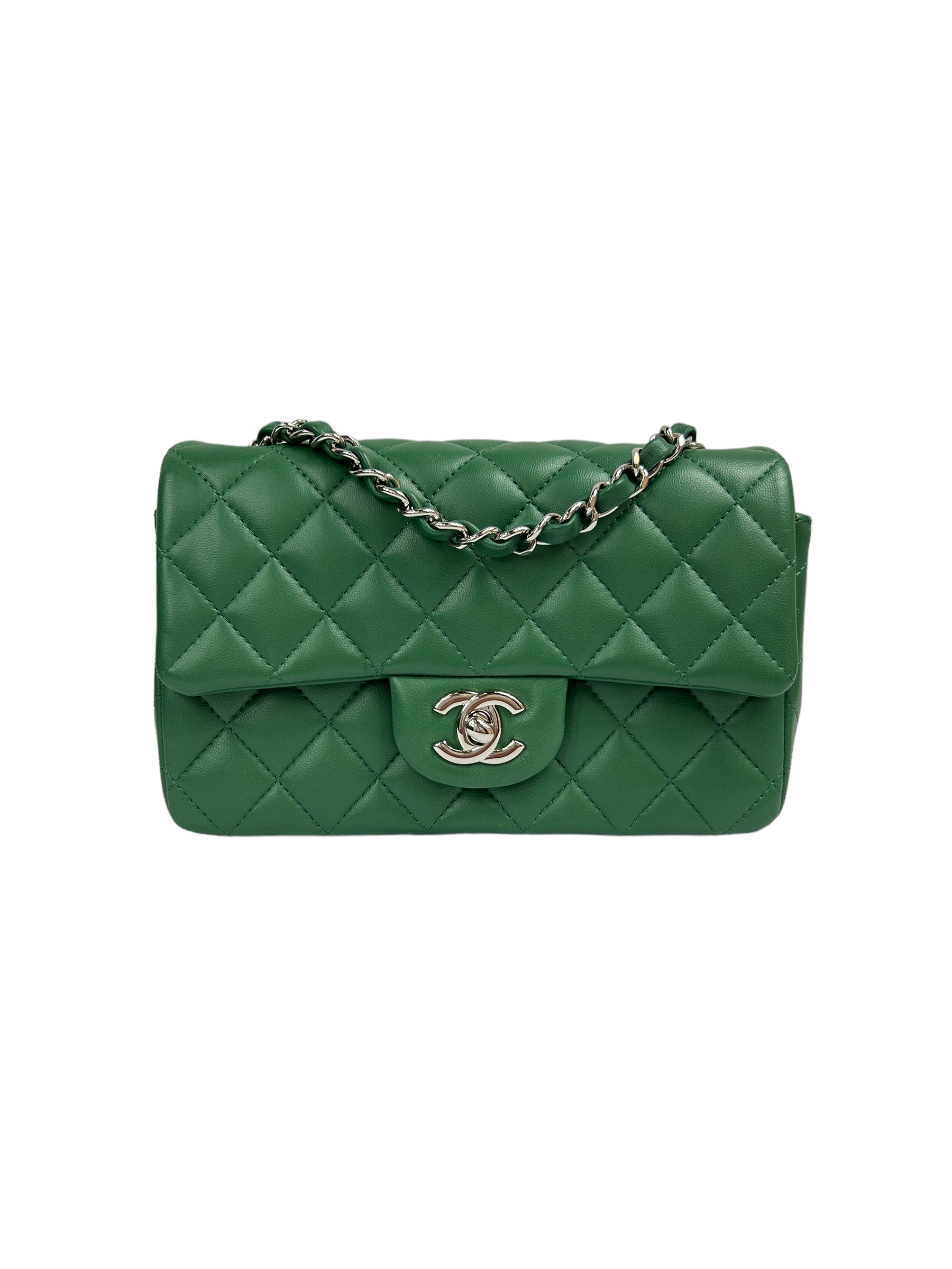 Green Quilted Lambskin Mini Rectangle Classic Flap w/SHW