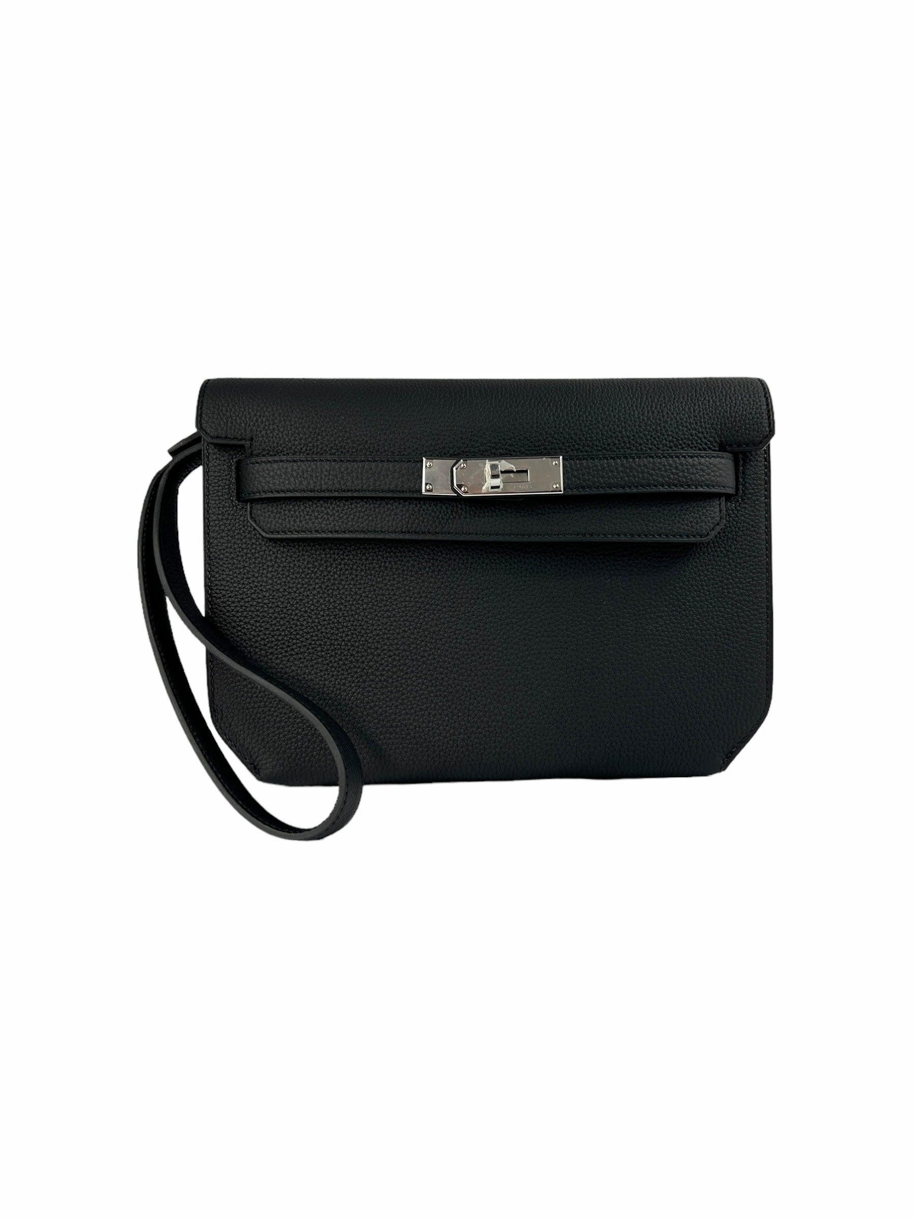 Black Togo Calfskin Leather Kelly Depeches 25 Clutch Bag w/PHW