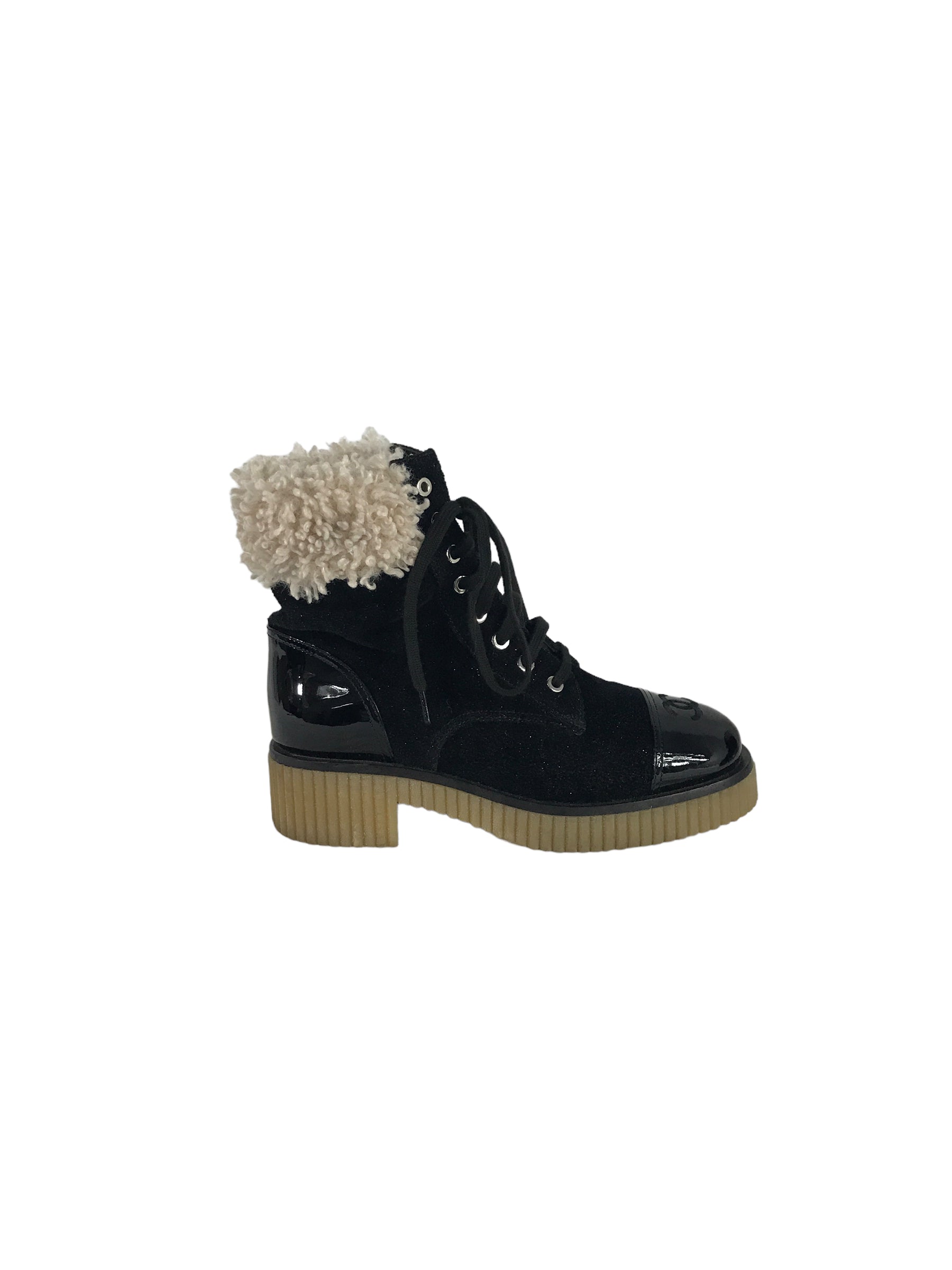 Black Glitter Tweed/Patent leather Cap Toe Shearling CC Combat