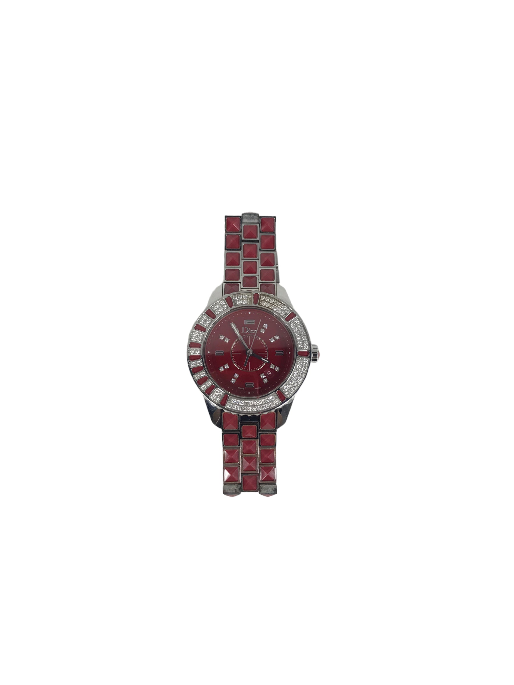 Red Enamel/Diamond and Blue Sapphire Crystal/ Stainless Steel Watch w/66 diamond