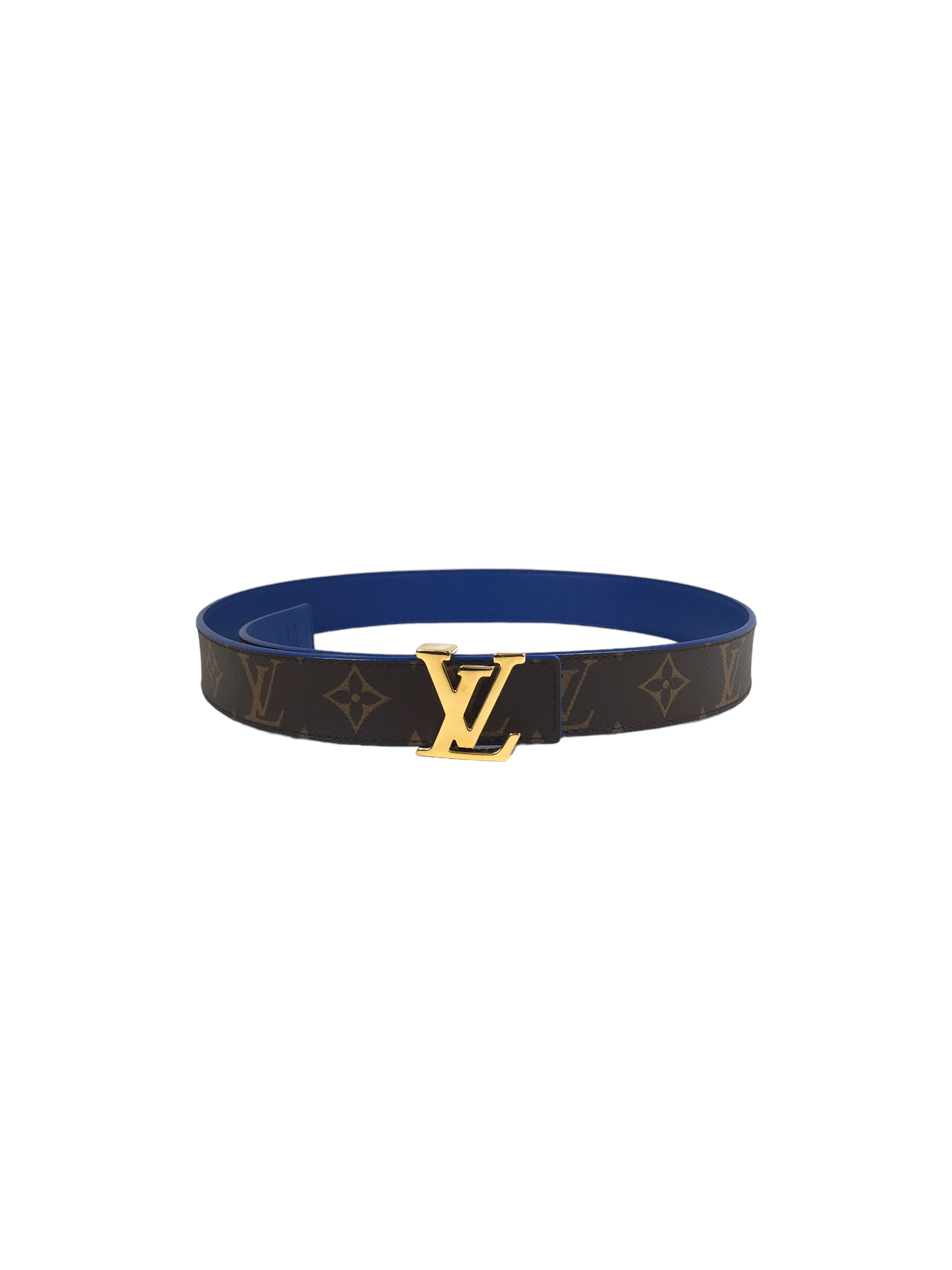 LV initials Monogram/ Blue Calfskin Leather Reversible Belt w/GHW