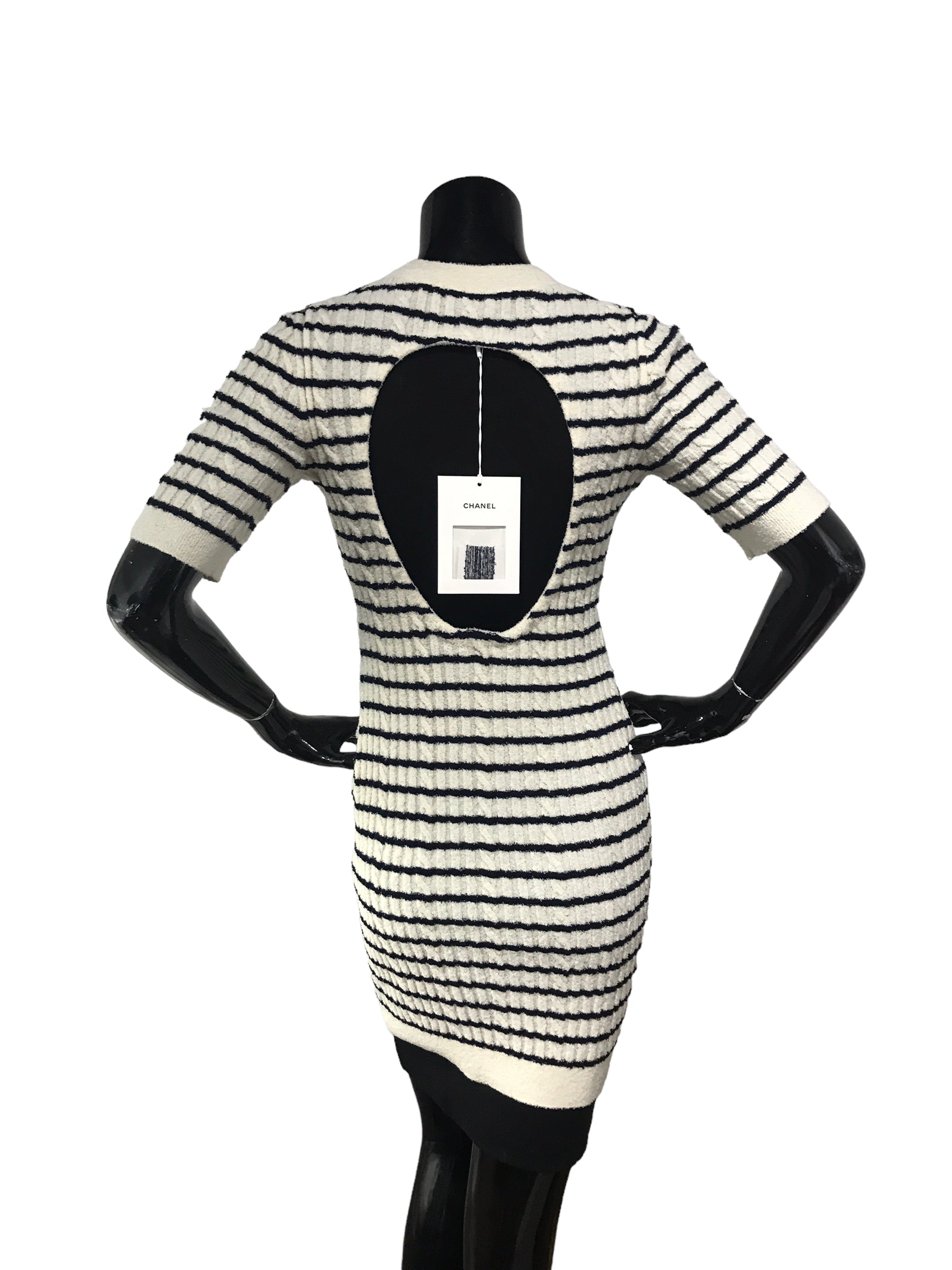 Ecru and Navy Blue Wool/Acrylic Cutout Dress w/SHW