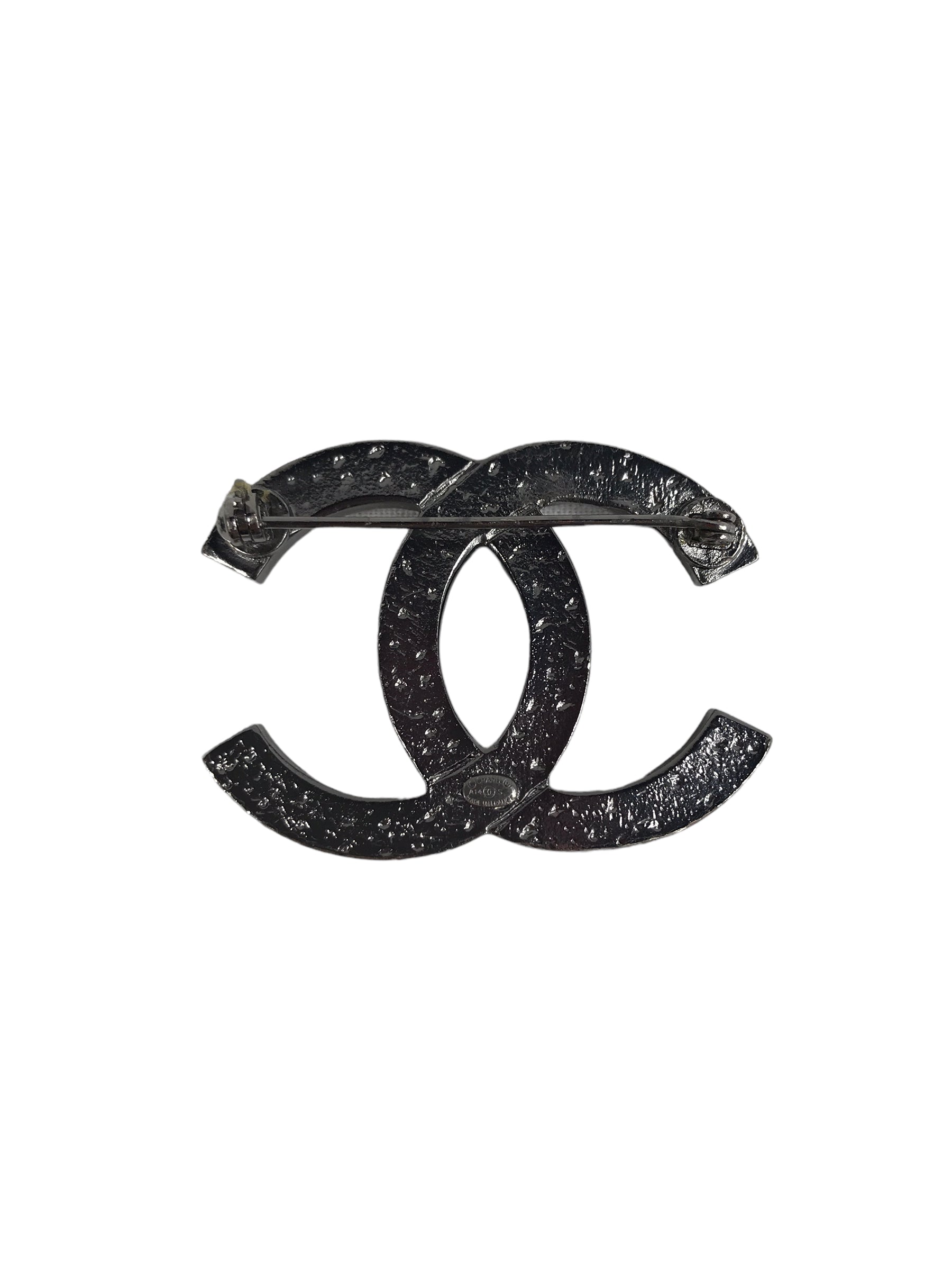 CC Rhodium Brooch with Chain Detail