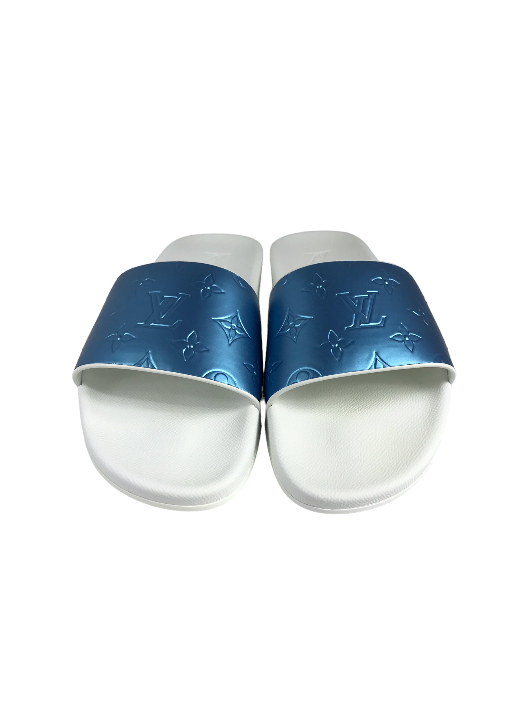 Louis Vuitton White and Blue Metallic Waterfront Mule Slides