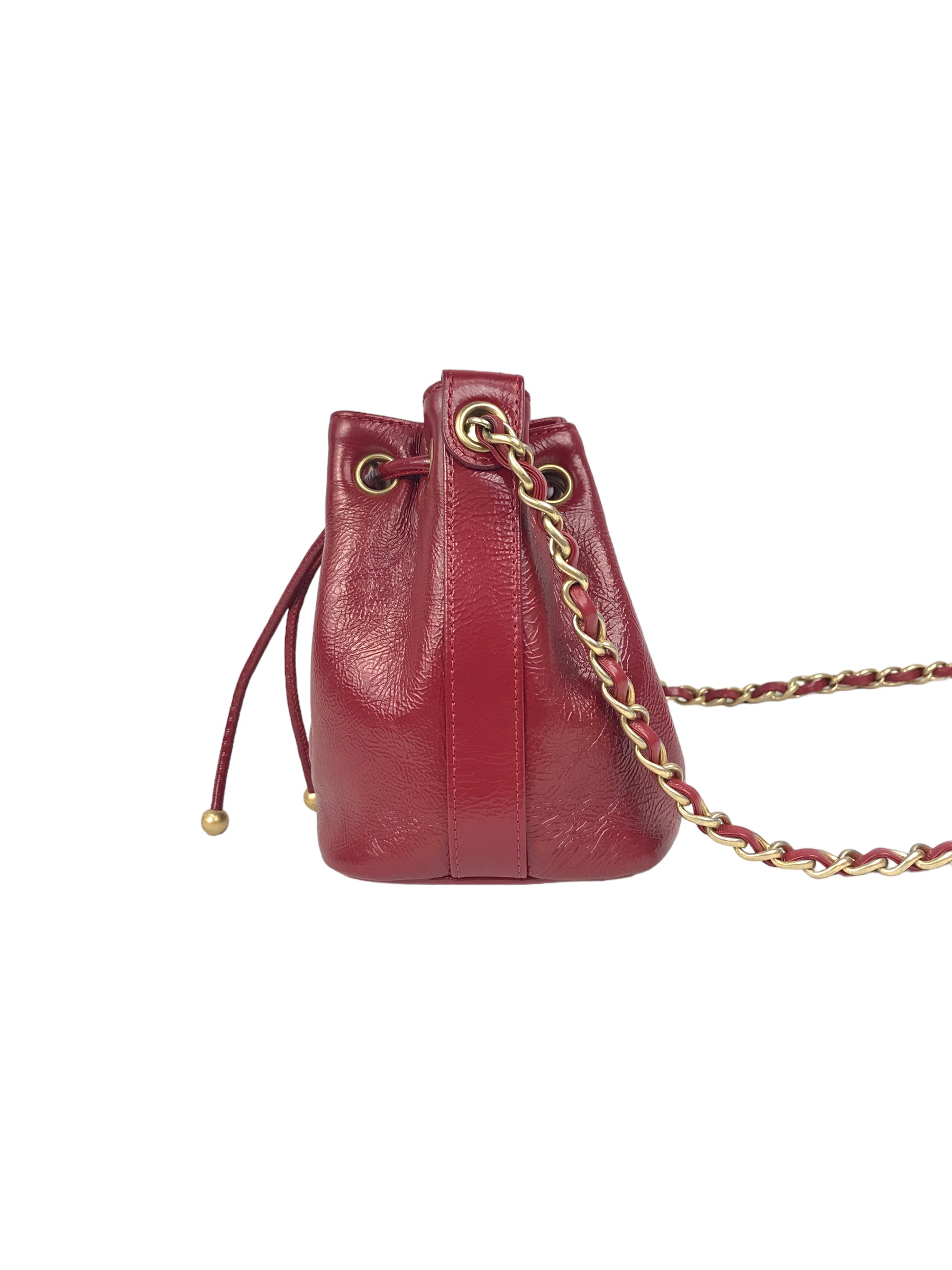 Red Shiny Aged Calfskin Leather Mini Bucket Bag w/AGHW Chain