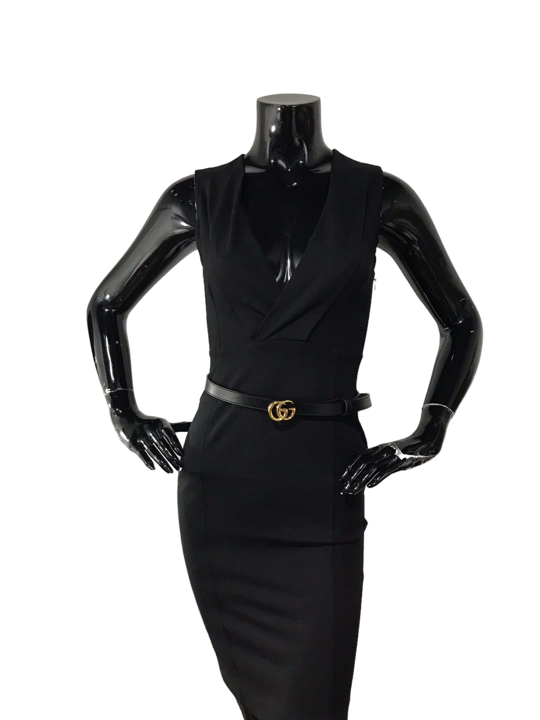Logo Black Grained Leather Thin Belt W/GHW