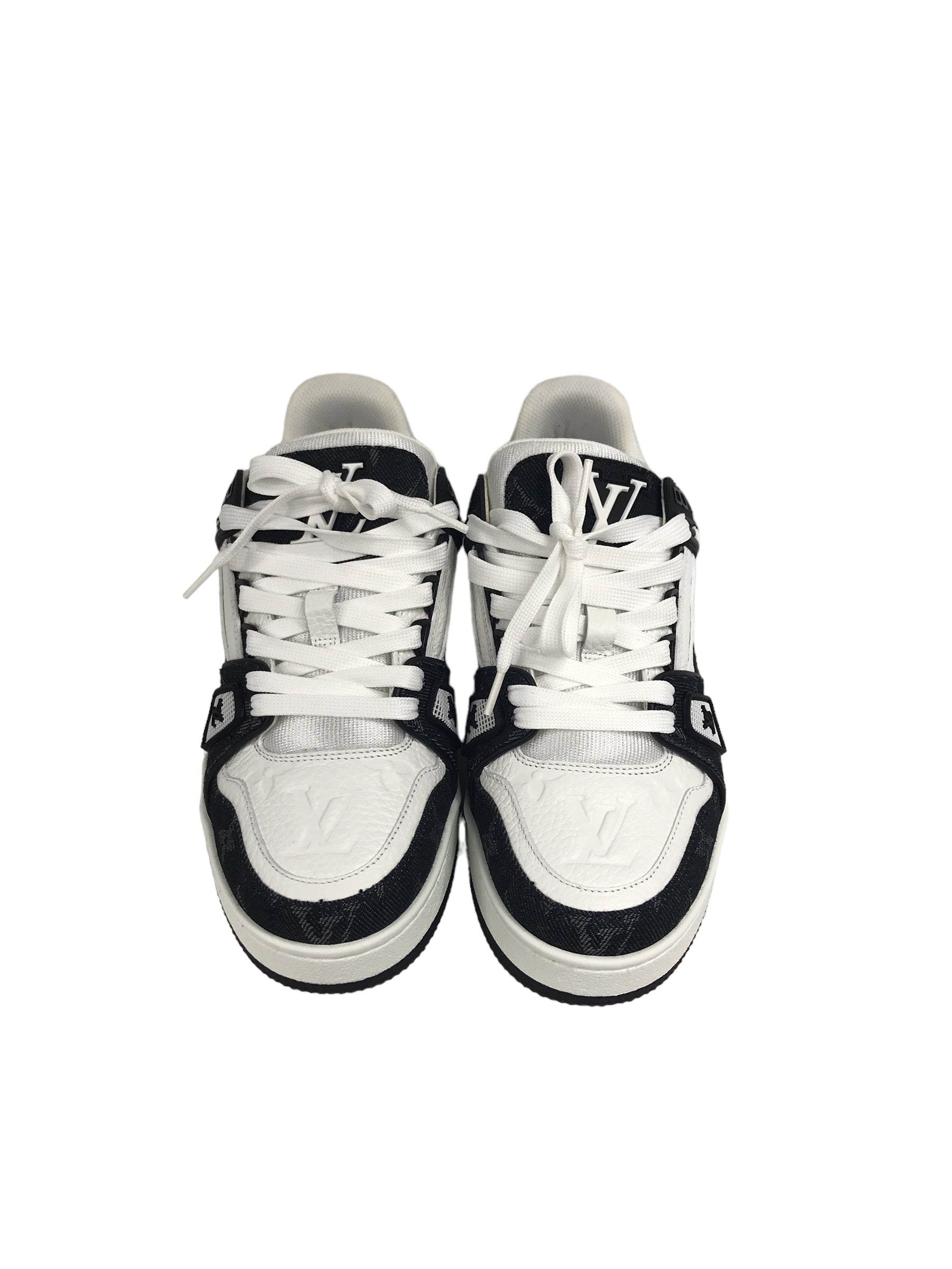 White Monogram Embossed Grained Calf leather &/Black Monogram Denim Trainer Sneakers,