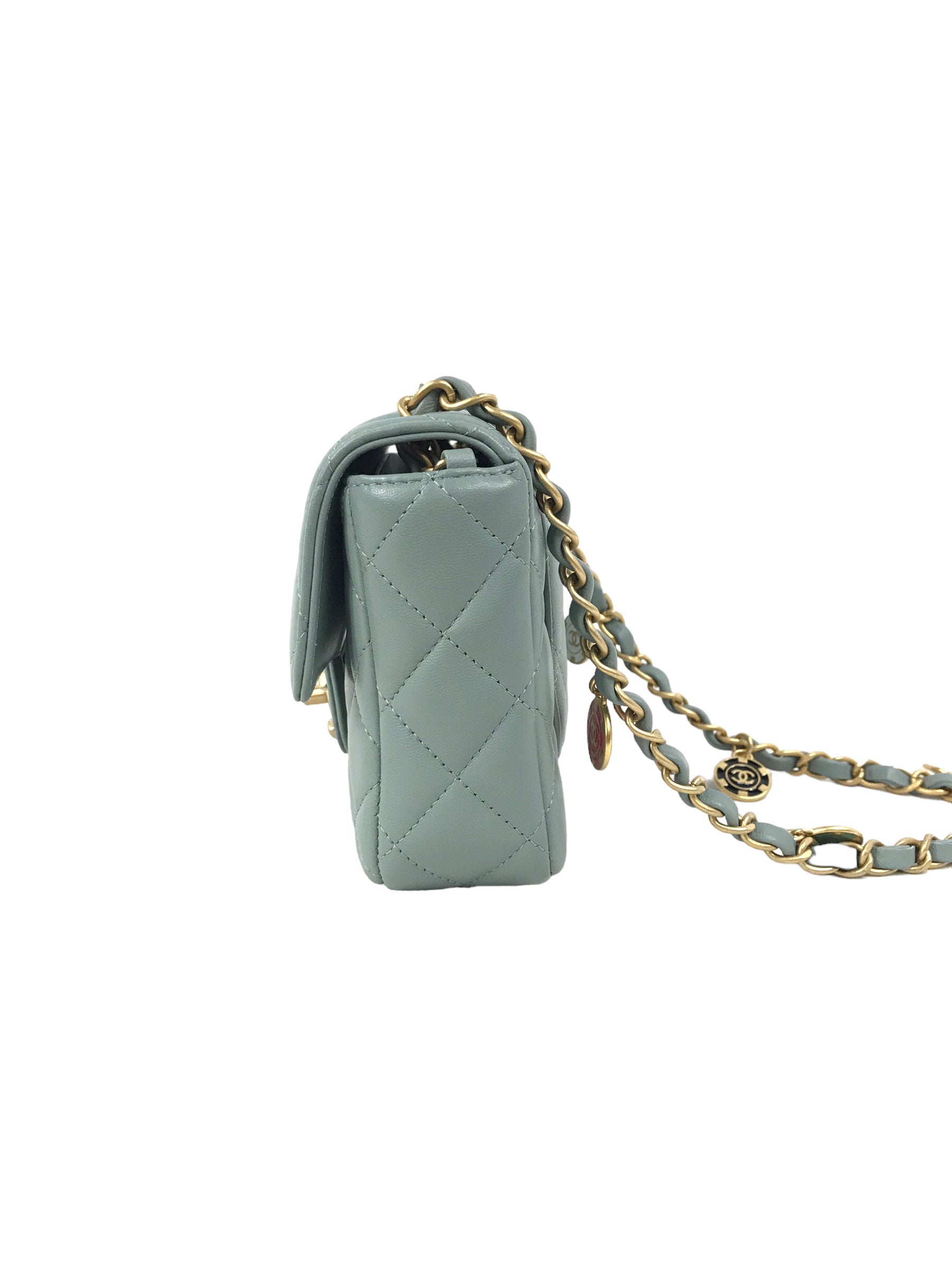 Chanel Light Grey/Blue Quilted Lambskin Mini Cruise Square Flap Bag w/ Enamel & GHW