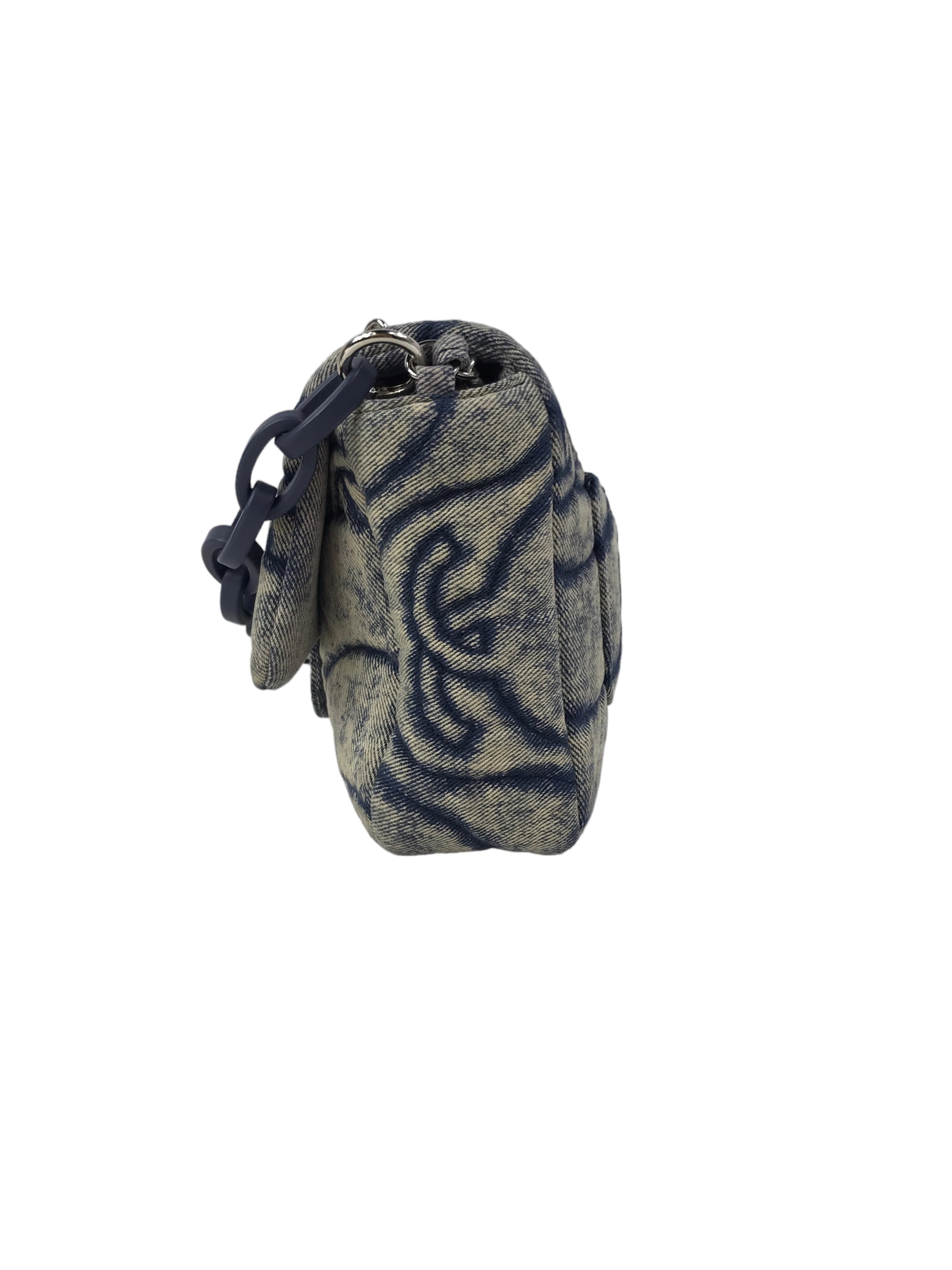 CC Blue Denim Wave Flap Bag w/SHW/ Blue enamel short strap
