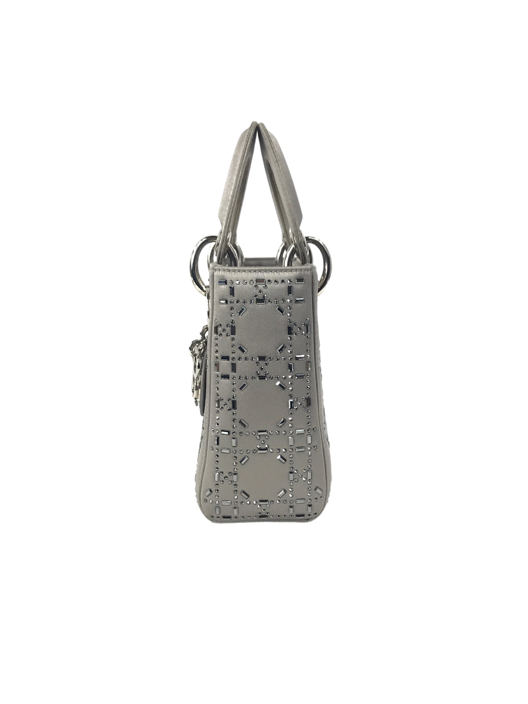 Grey Satin Crystal Cannage Mini Lady Dior w/SHW