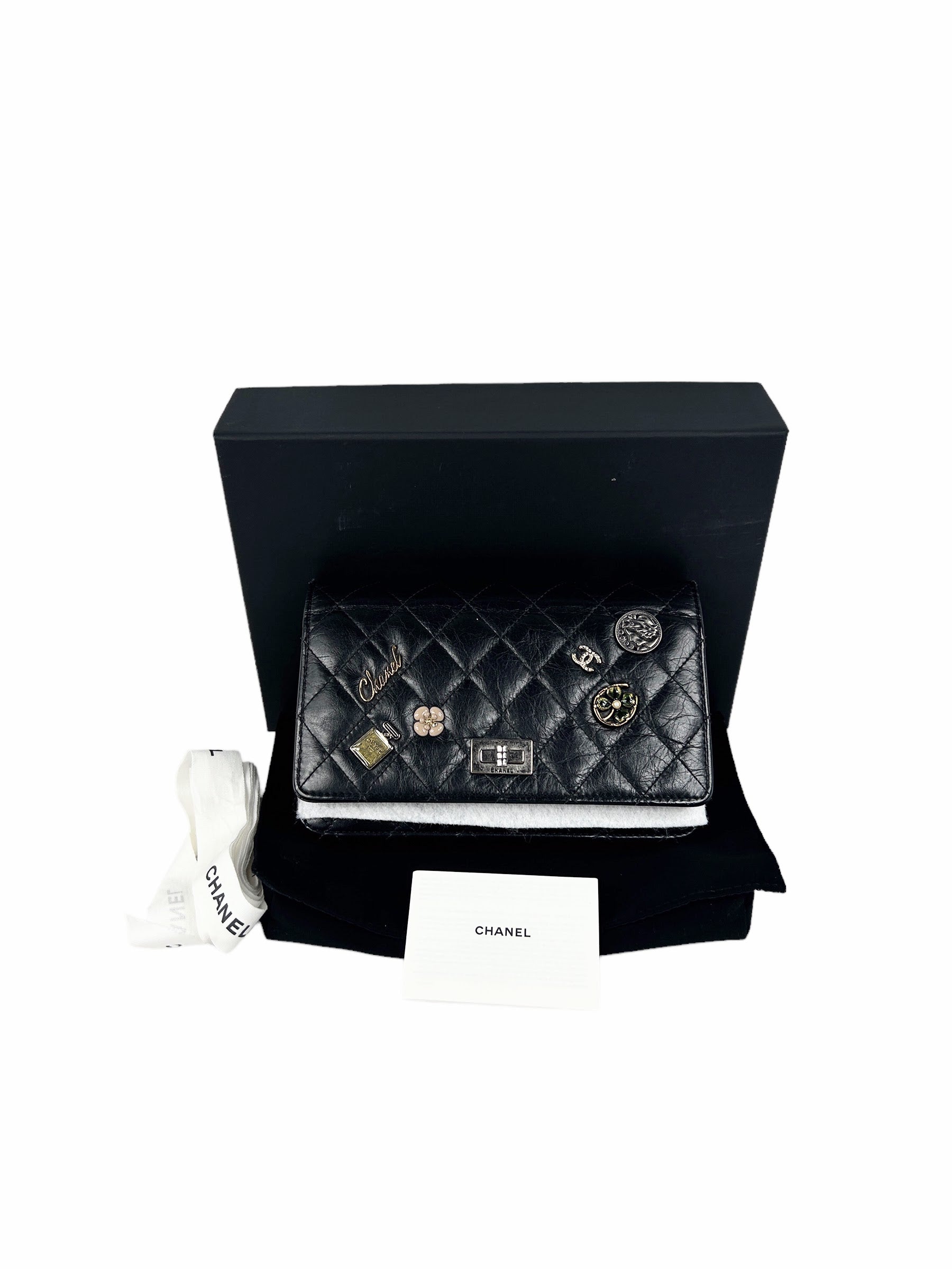 Black Quilted Aged Calfskin Charm Reissue Wallet On Chain w/RHW