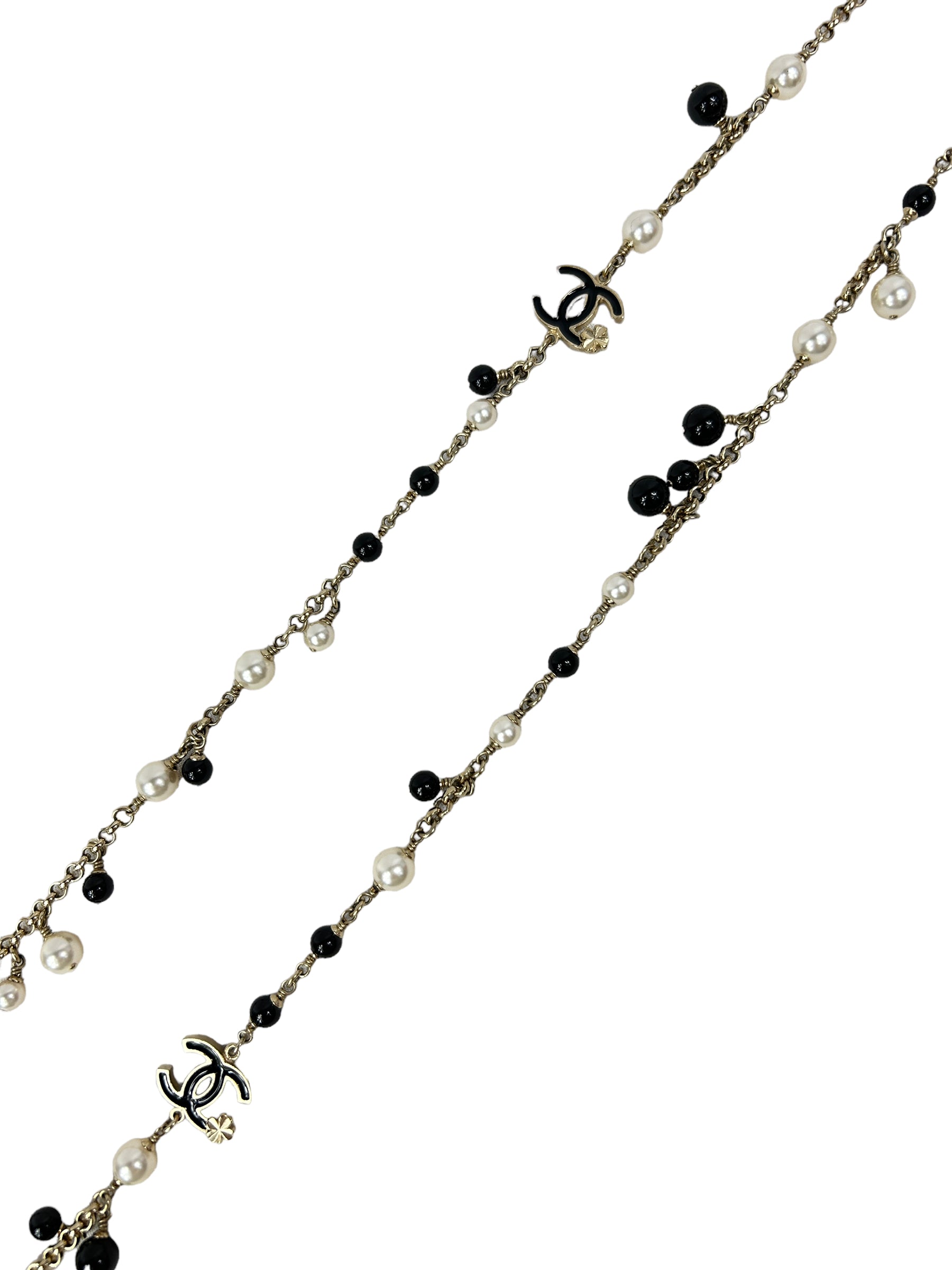 Costume Pearl/Black Enamel and CC Clover Gold Necklace