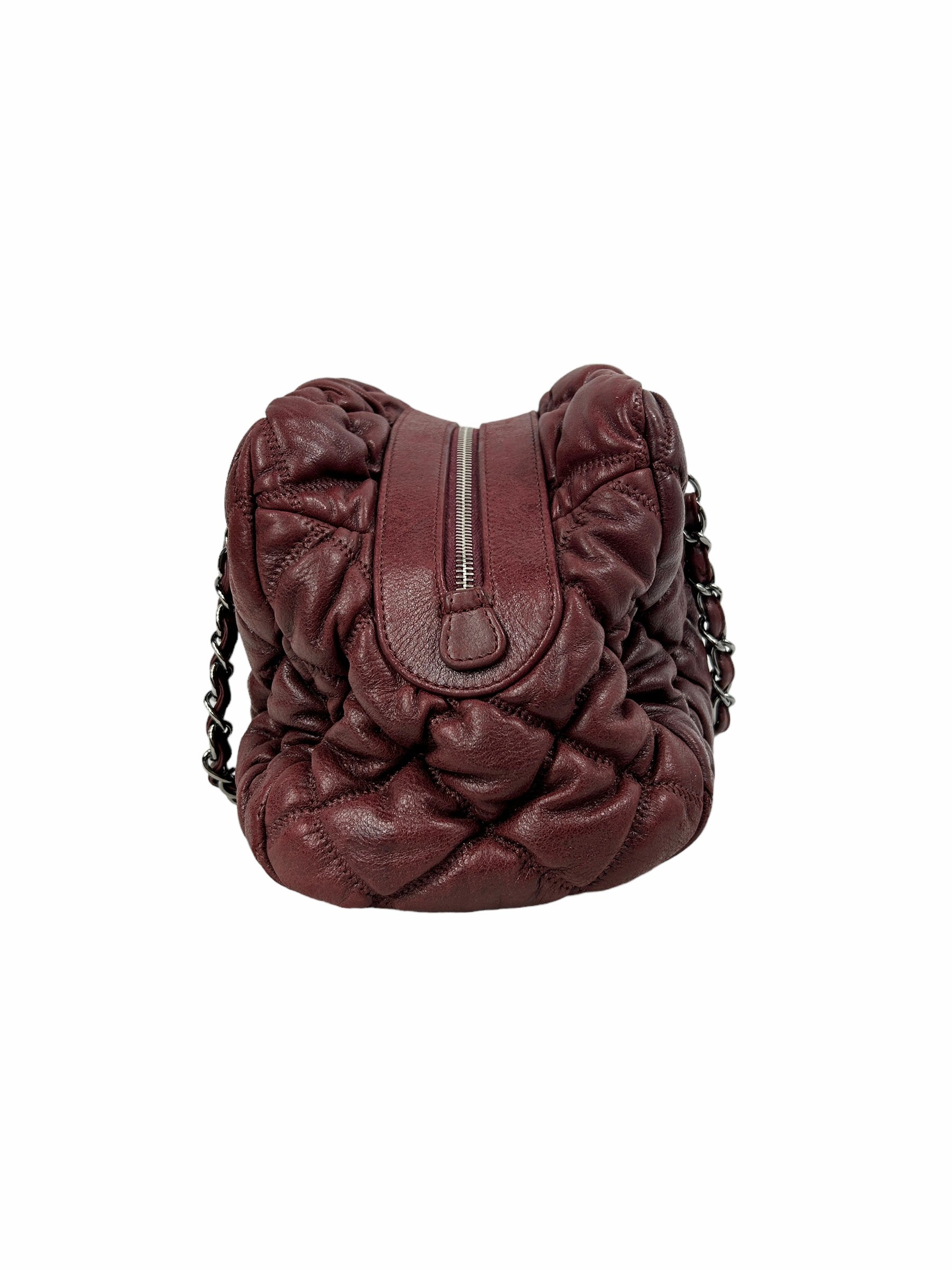 Burgundy Lambskin Leather Bubble Quilted Bowler Bag w/RHW