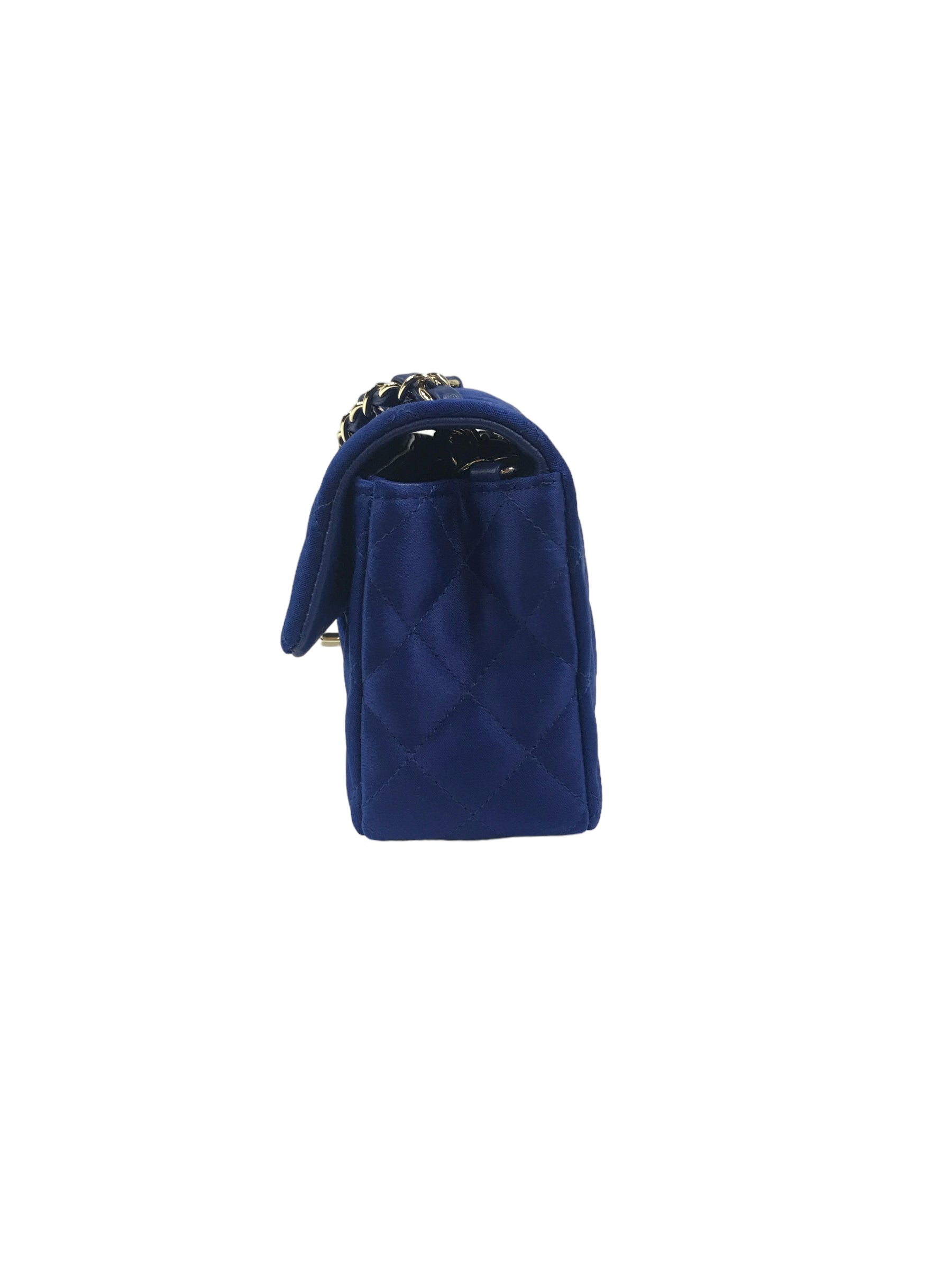 Blue Satin Silk Quilted Single Flap Mini Rectangle w/GHW