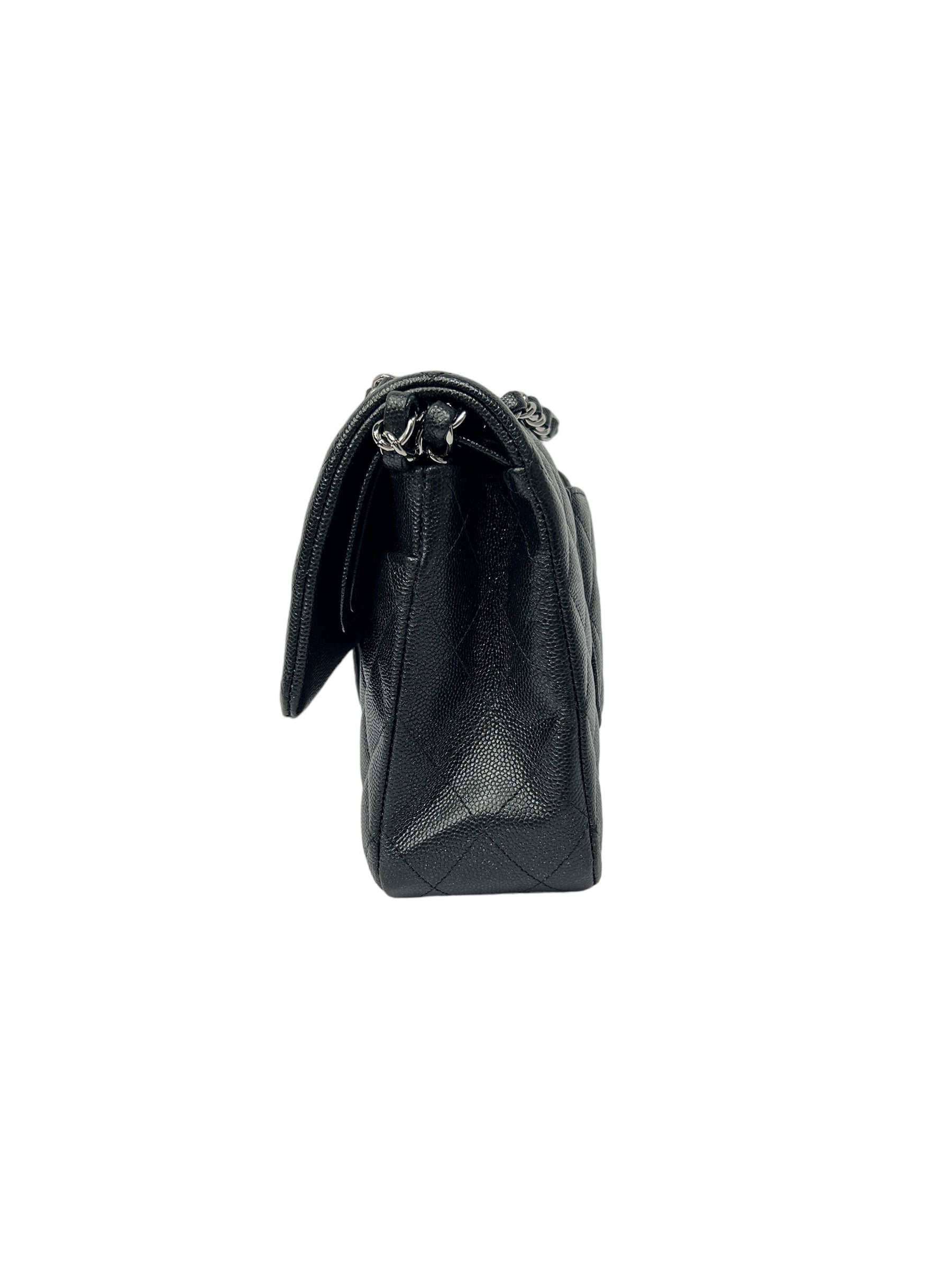 Black Caviar Glitter Quilted Leather Double Classic Flap w/RHW