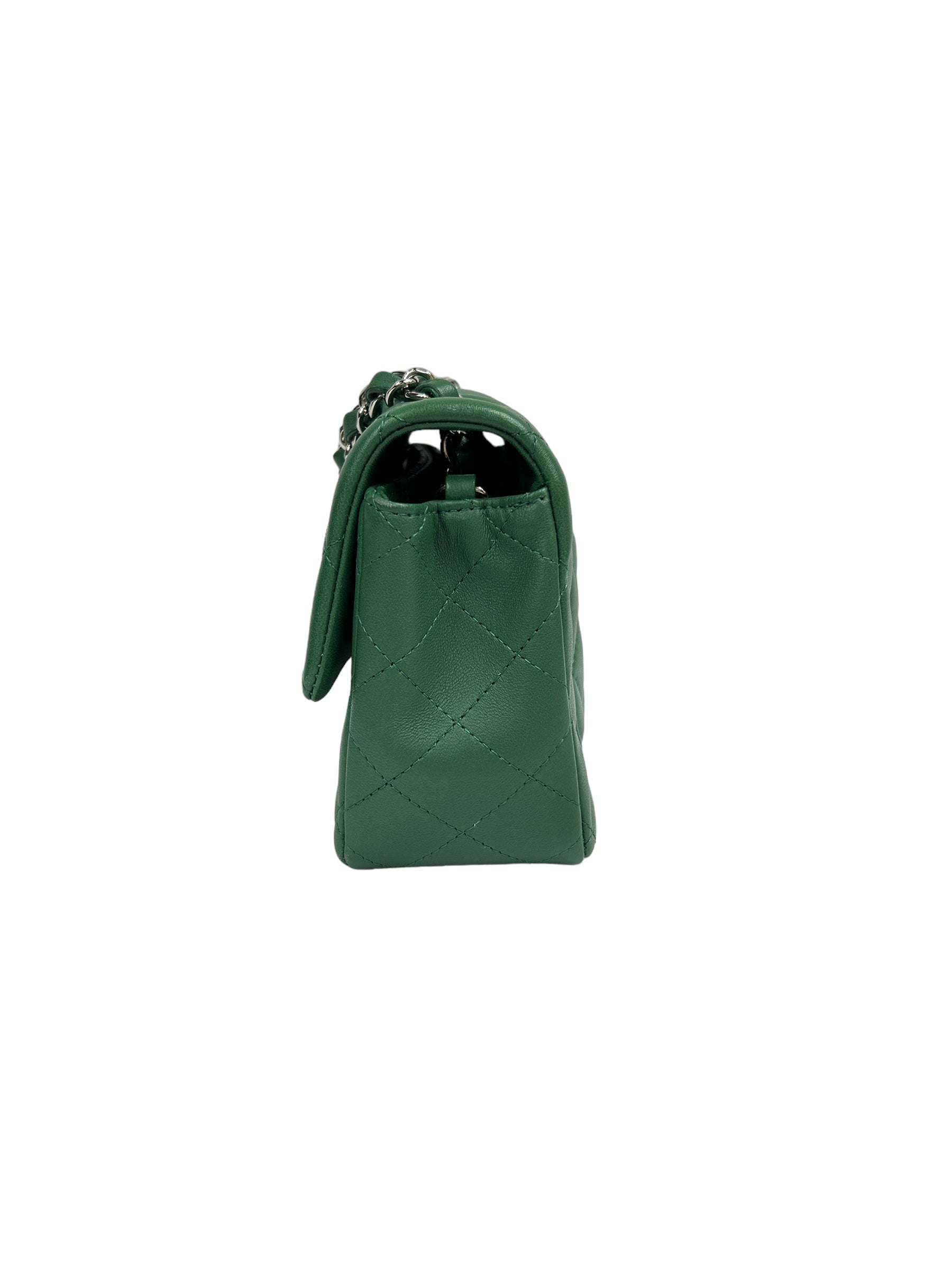 Green Quilted Lambskin Mini Rectangle Classic Flap w/SHW