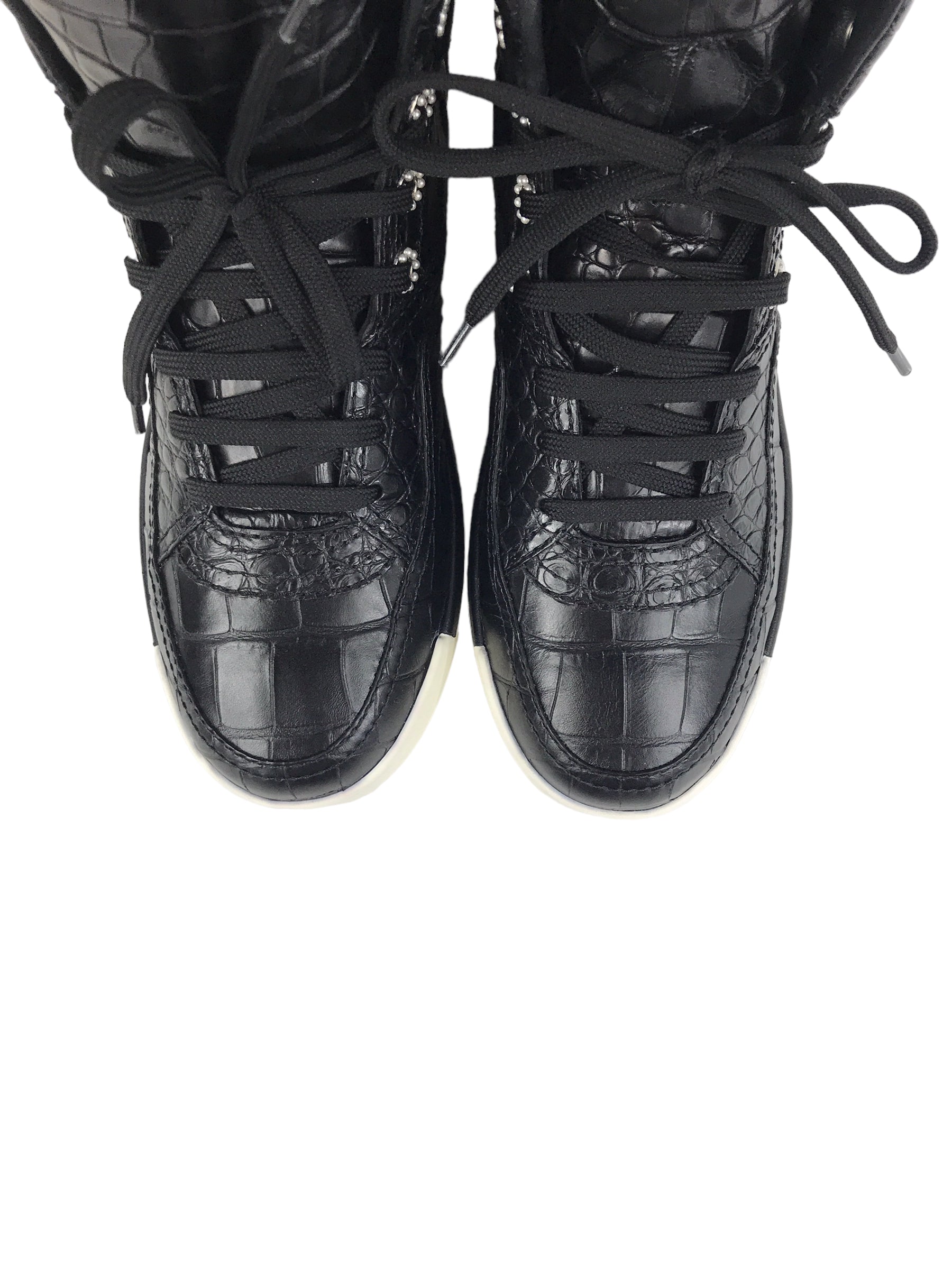 Black 19A Croc Embossed Calfskin Leather W/ accent pearls High Top Sneakers