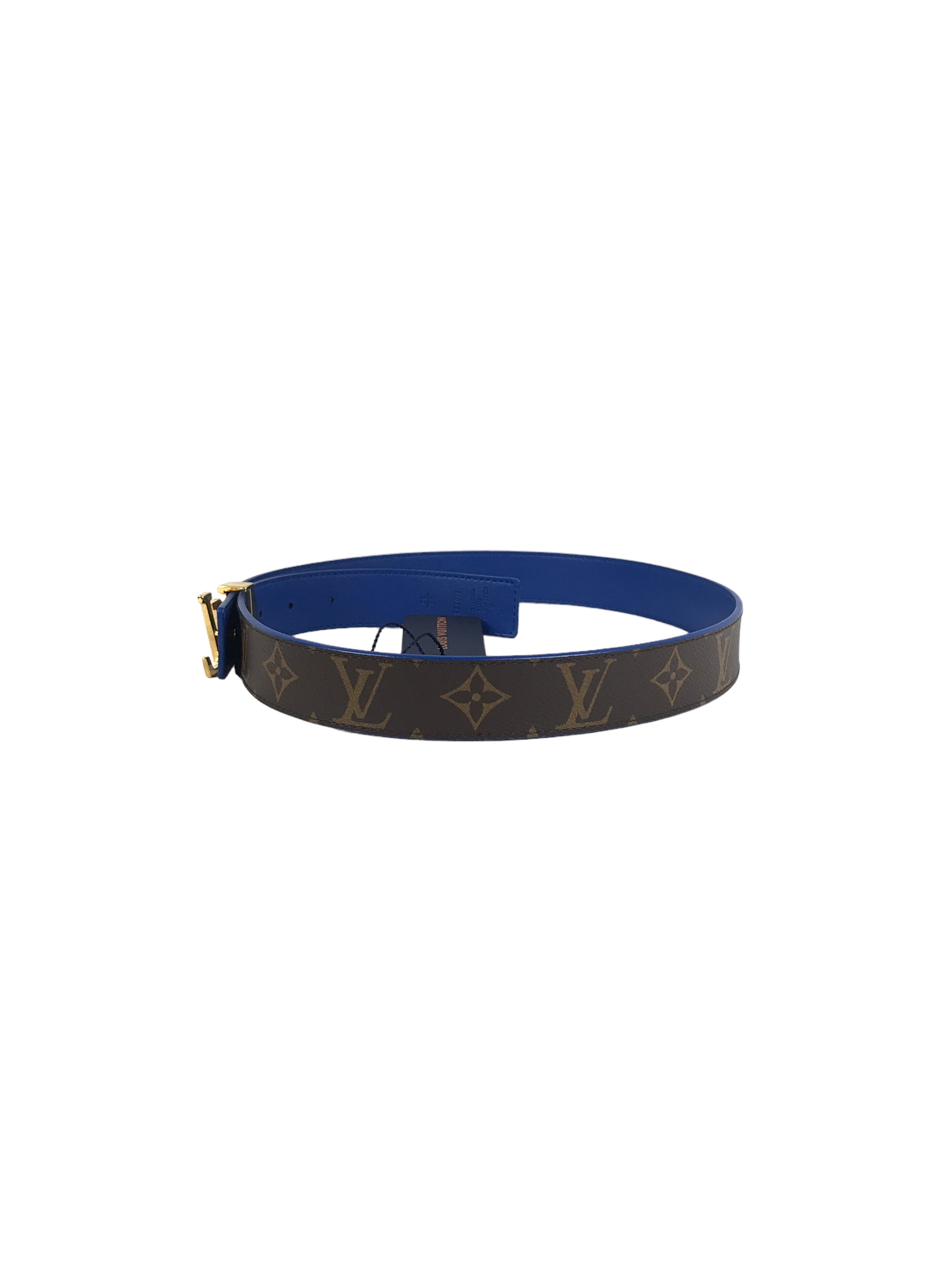 LV initials Monogram/ Blue Calfskin Leather Reversible Belt w/GHW