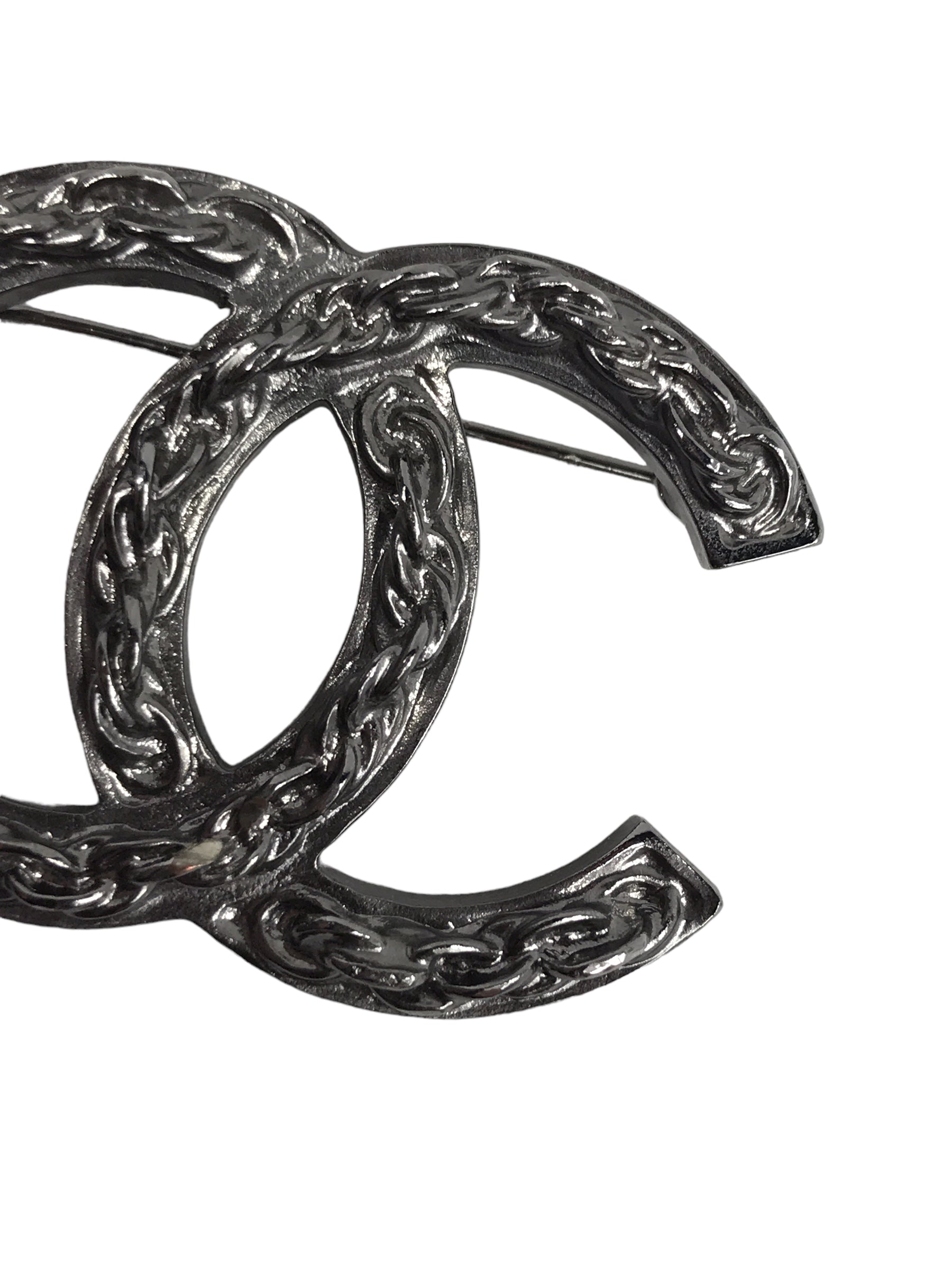 CC Rhodium Brooch with Chain Detail