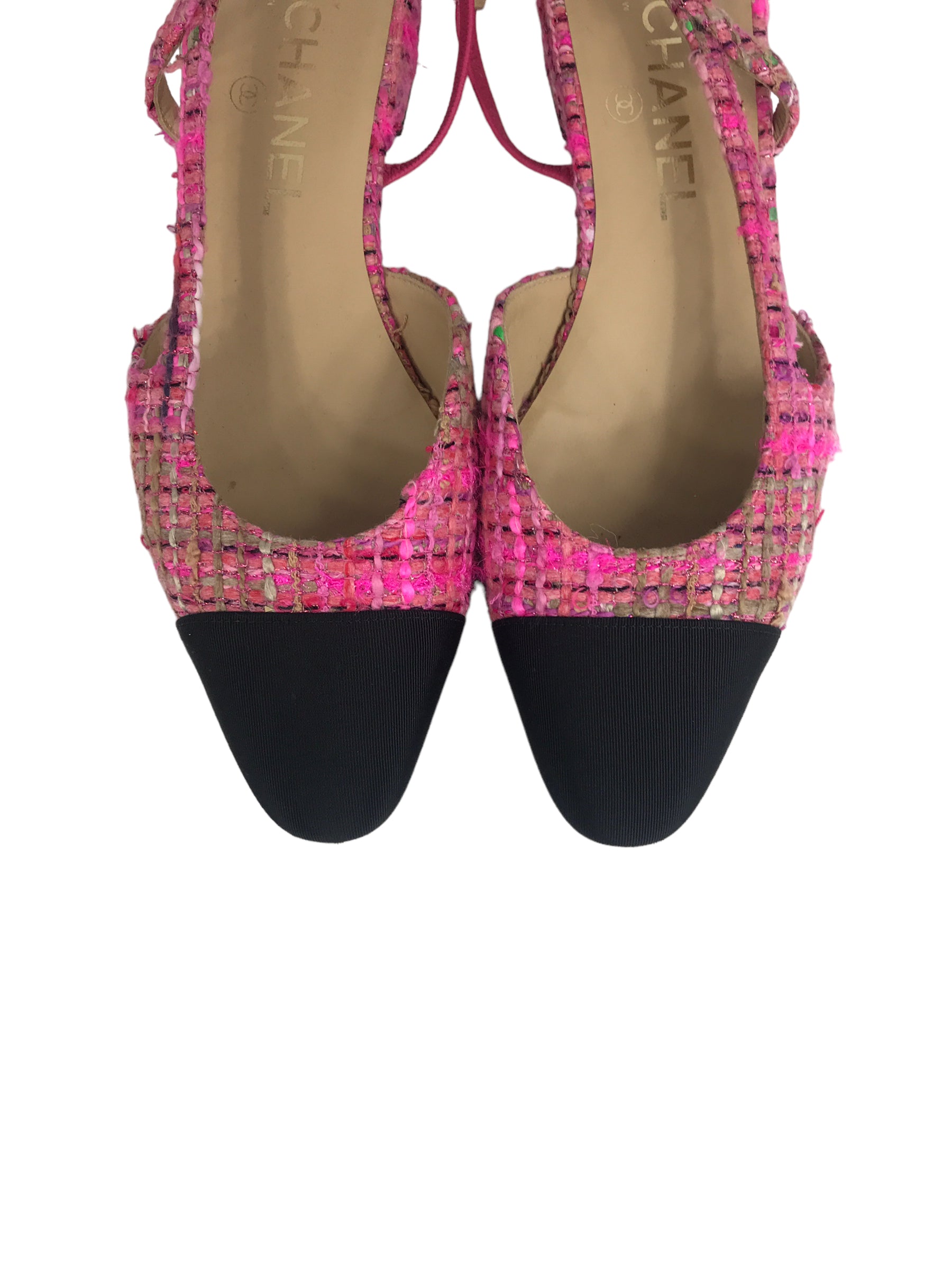 Chanel Pink Tweed & Black Kitten Heel Slingbacks