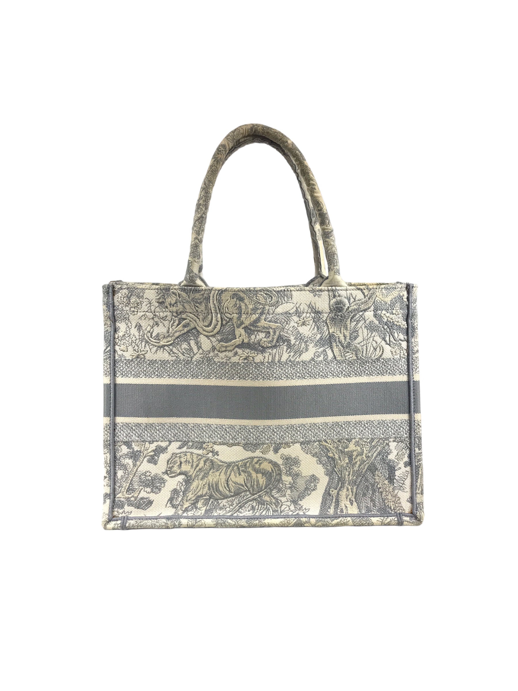 Ecru & Grey Toile De Jouy Embroidered Book Tote