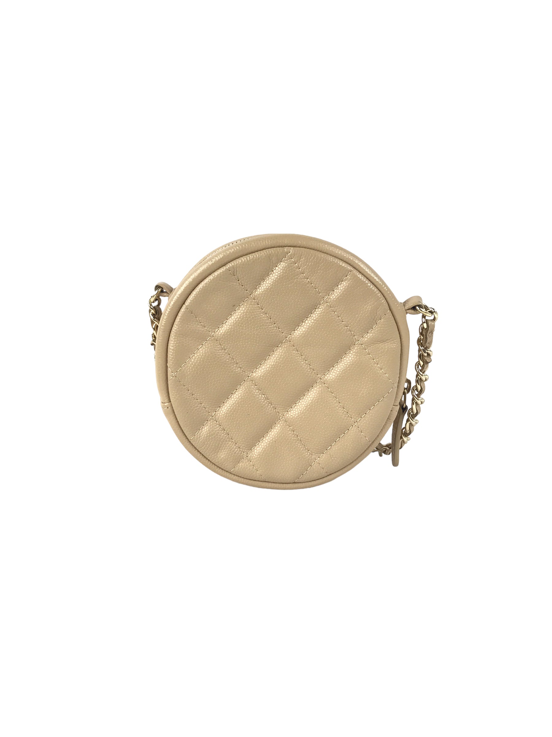 Beige Quilted Caviar Round Crossbody w/GHW