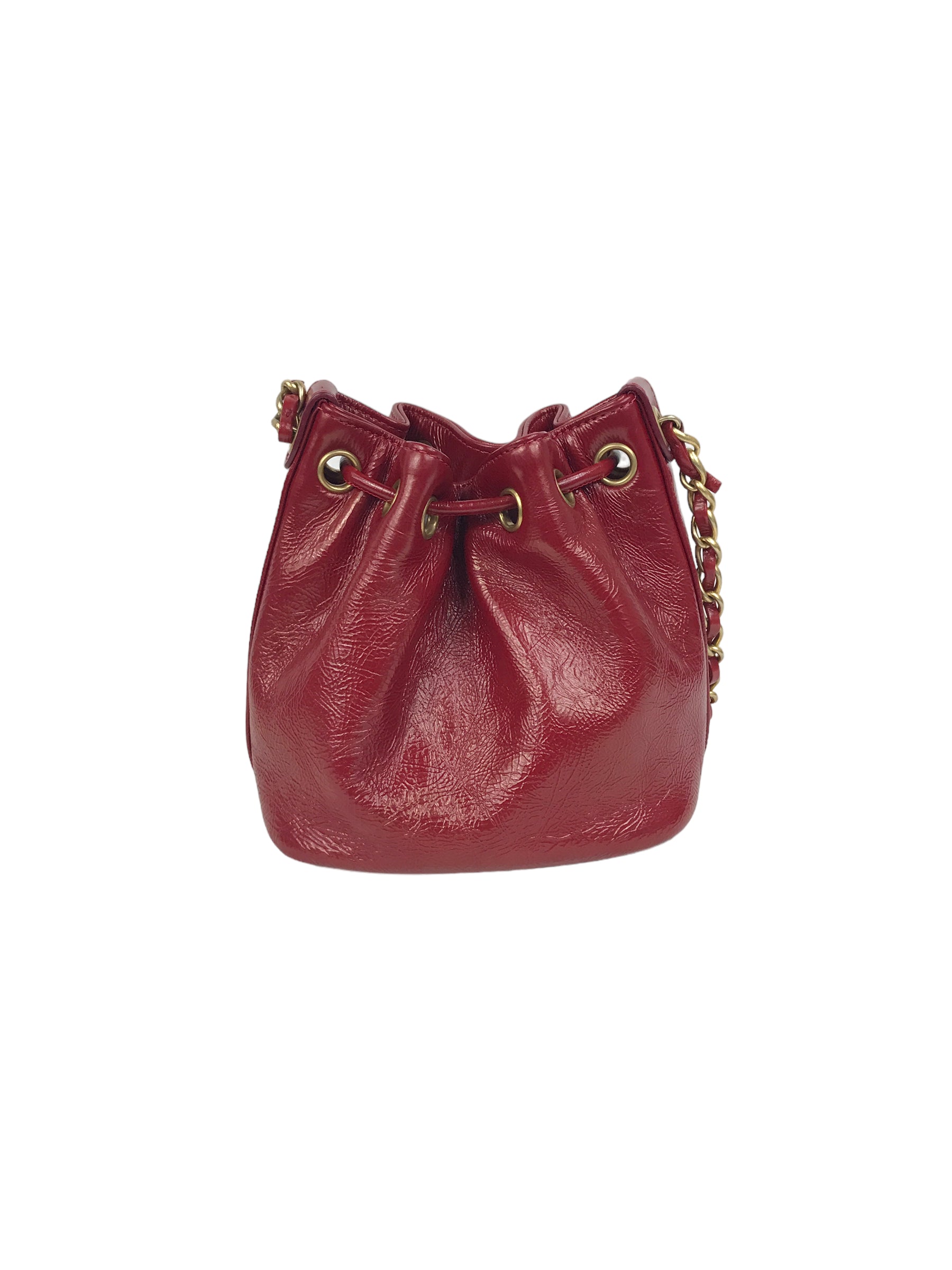 Red Shiny Aged Calfskin Leather Mini Bucket Bag w/AGHW Chain