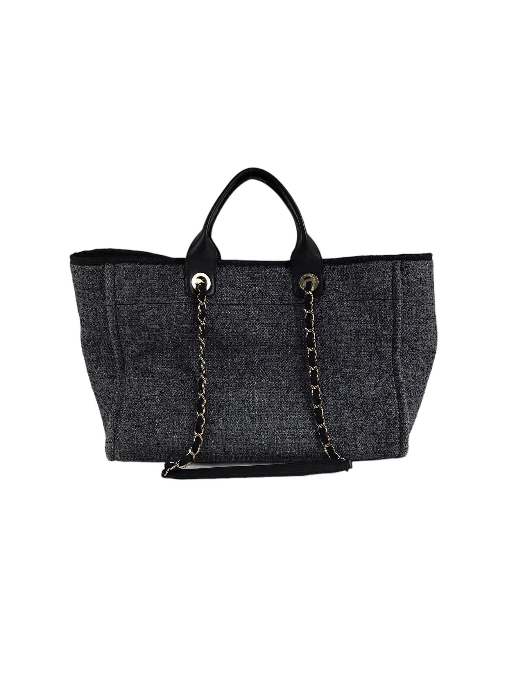Black/Greyish Blue Small Tweed Raffia Deauville Tote w/GHW