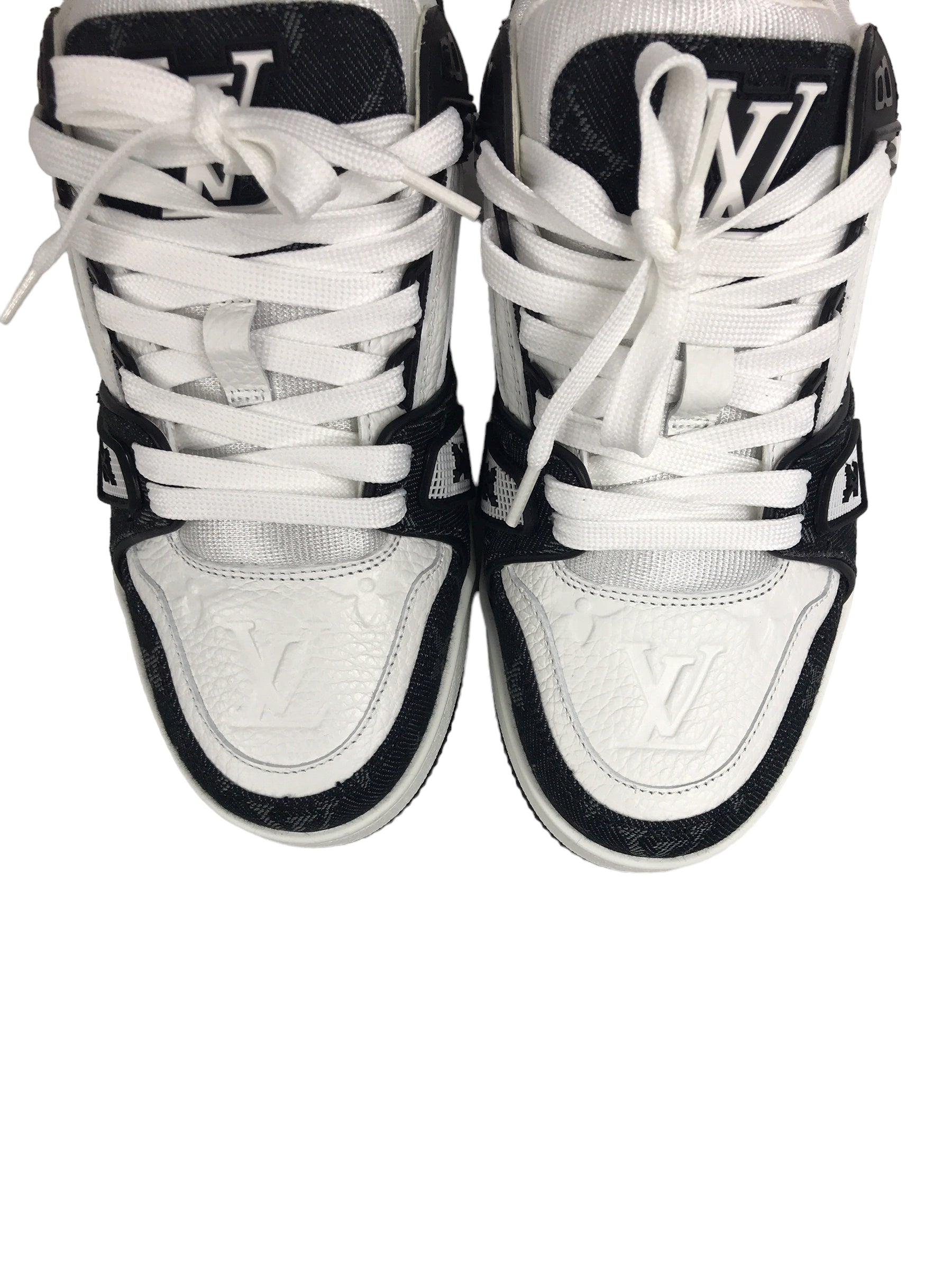 White Monogram Embossed Grained Calf leather &/Black Monogram Denim Trainer Sneakers,