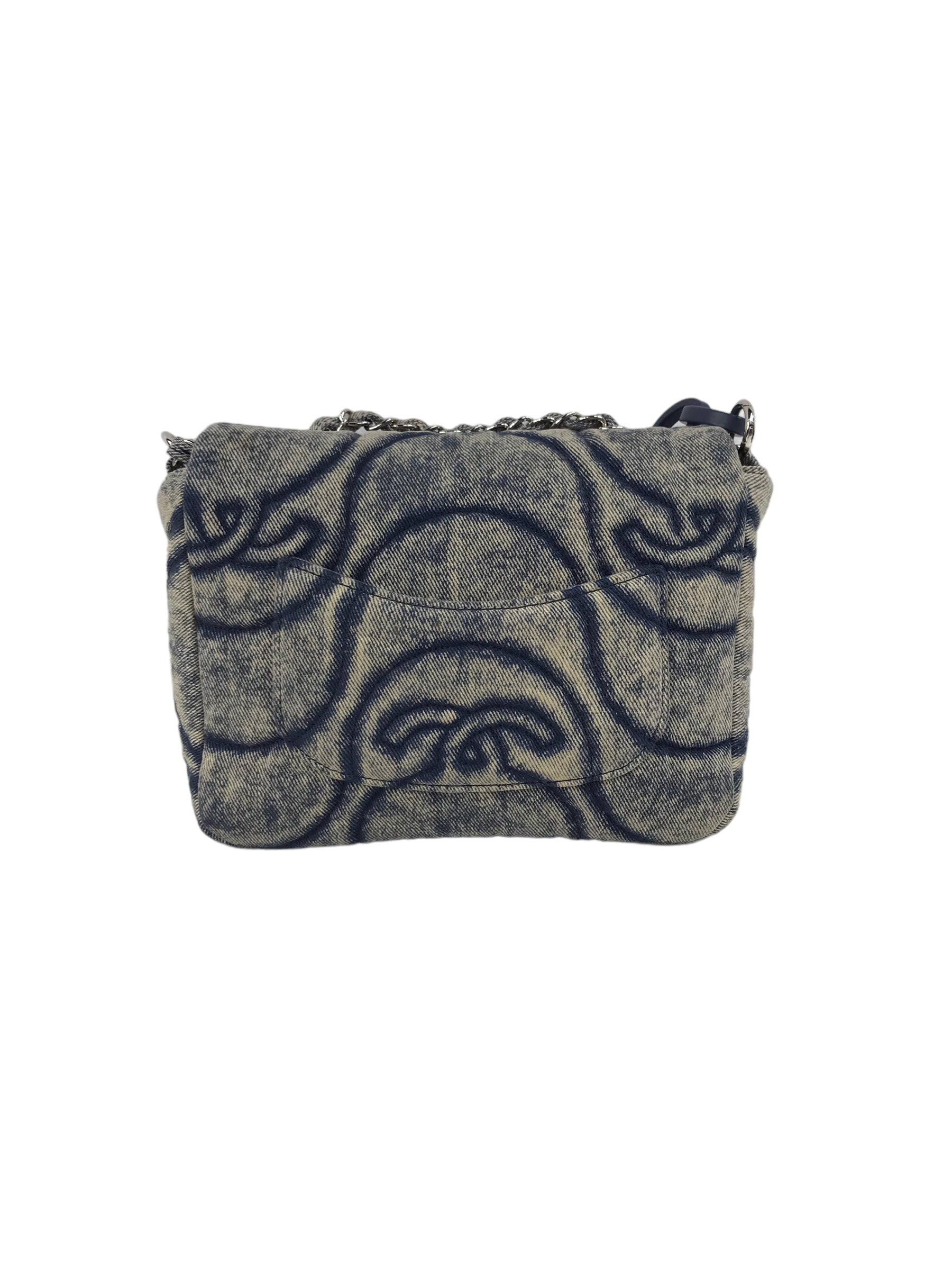 CC Blue Denim Wave Flap Bag w/SHW/ Blue enamel short strap