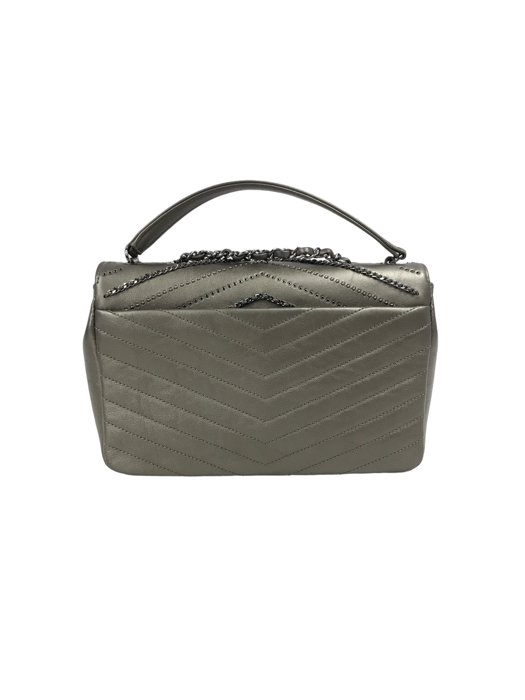 Metallic Grey Calfskin Leather Embellished Chain/Studded Chevron Flap Bag w/SHW