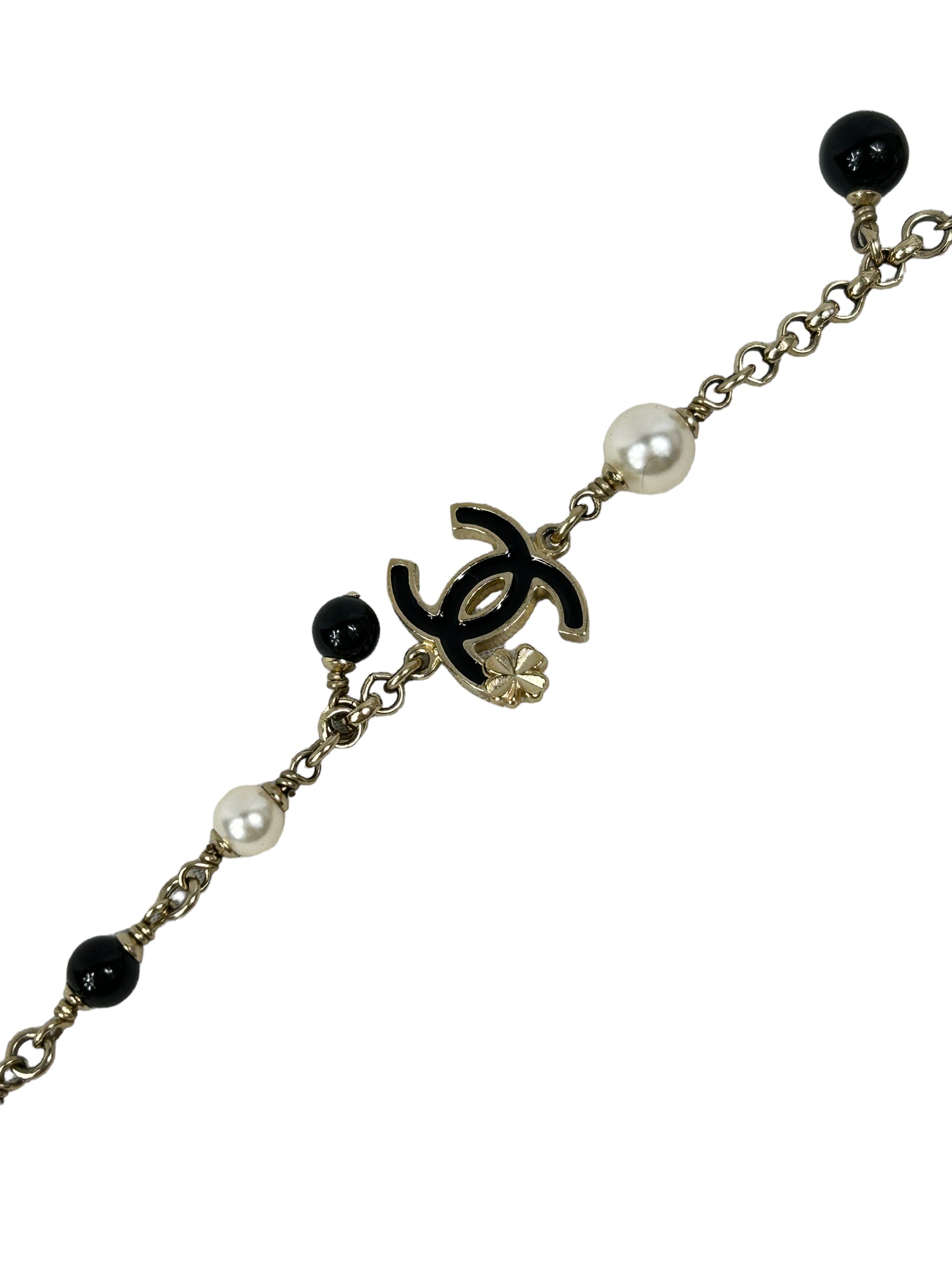 Costume Pearl/Black Enamel and CC Clover Gold Necklace