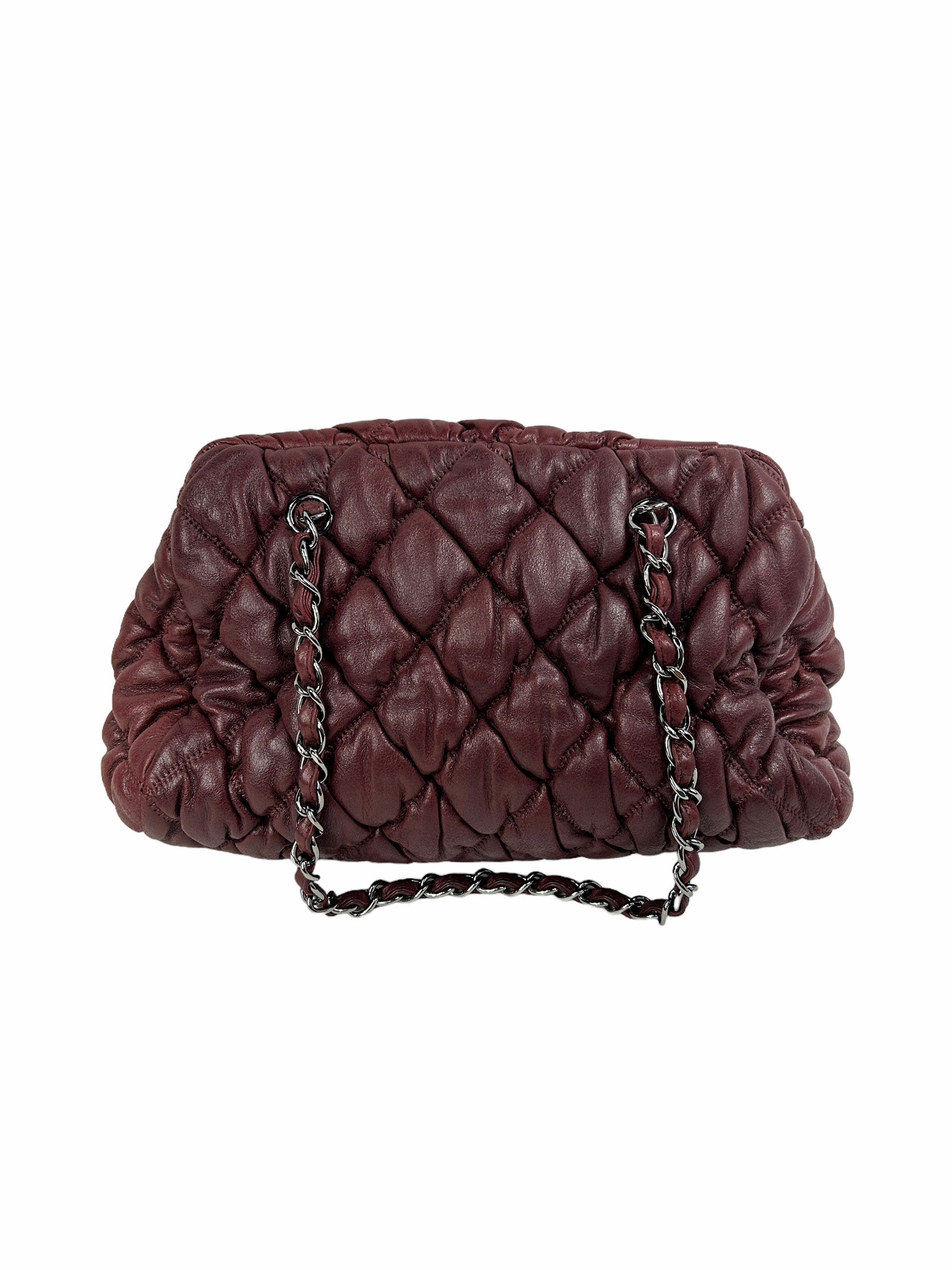 Burgundy Lambskin Leather Bubble Quilted Bowler Bag w/RHW