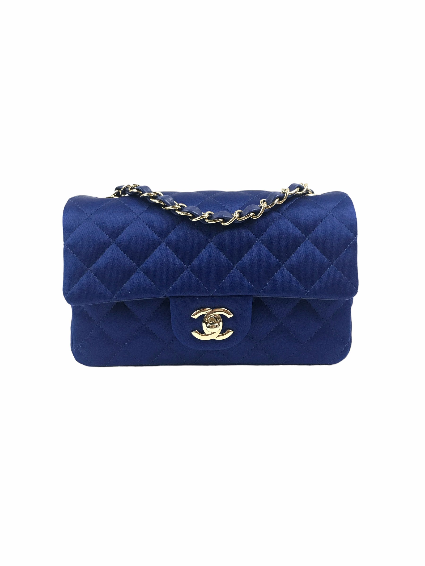 Blue Satin Silk Quilted Single Flap Mini Rectangle w/GHW