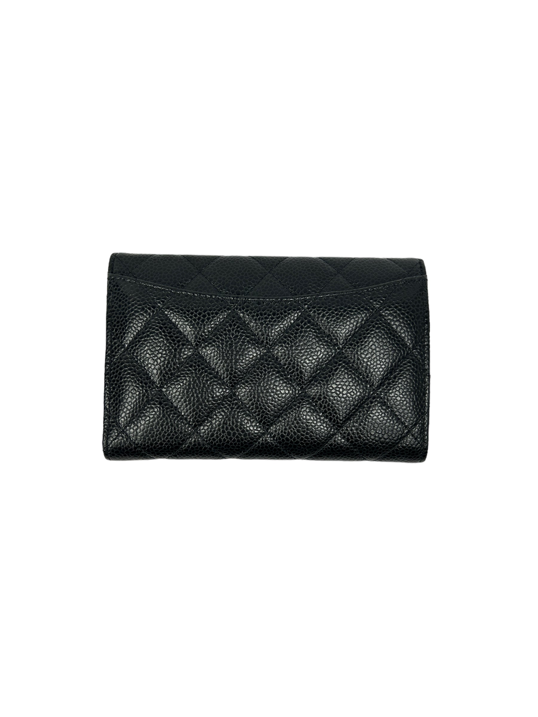 Black Caviar Quilted Leather Medium Flap Wallet w/GHW