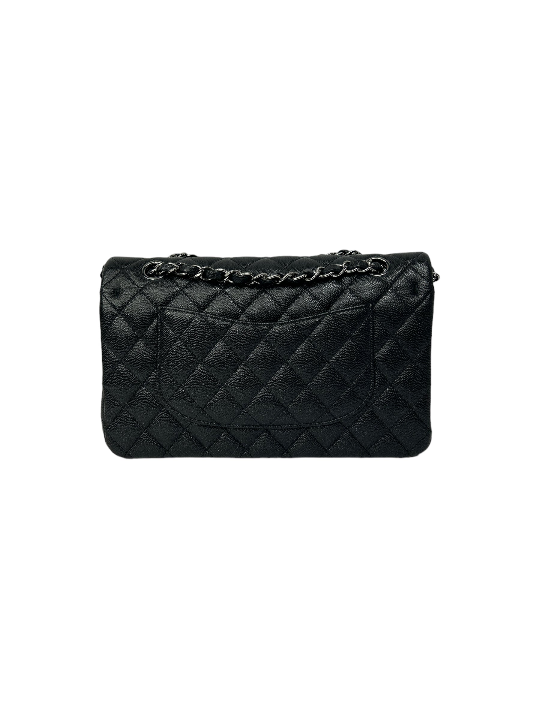 Black Caviar Glitter Quilted Leather Double Classic Flap w/RHW
