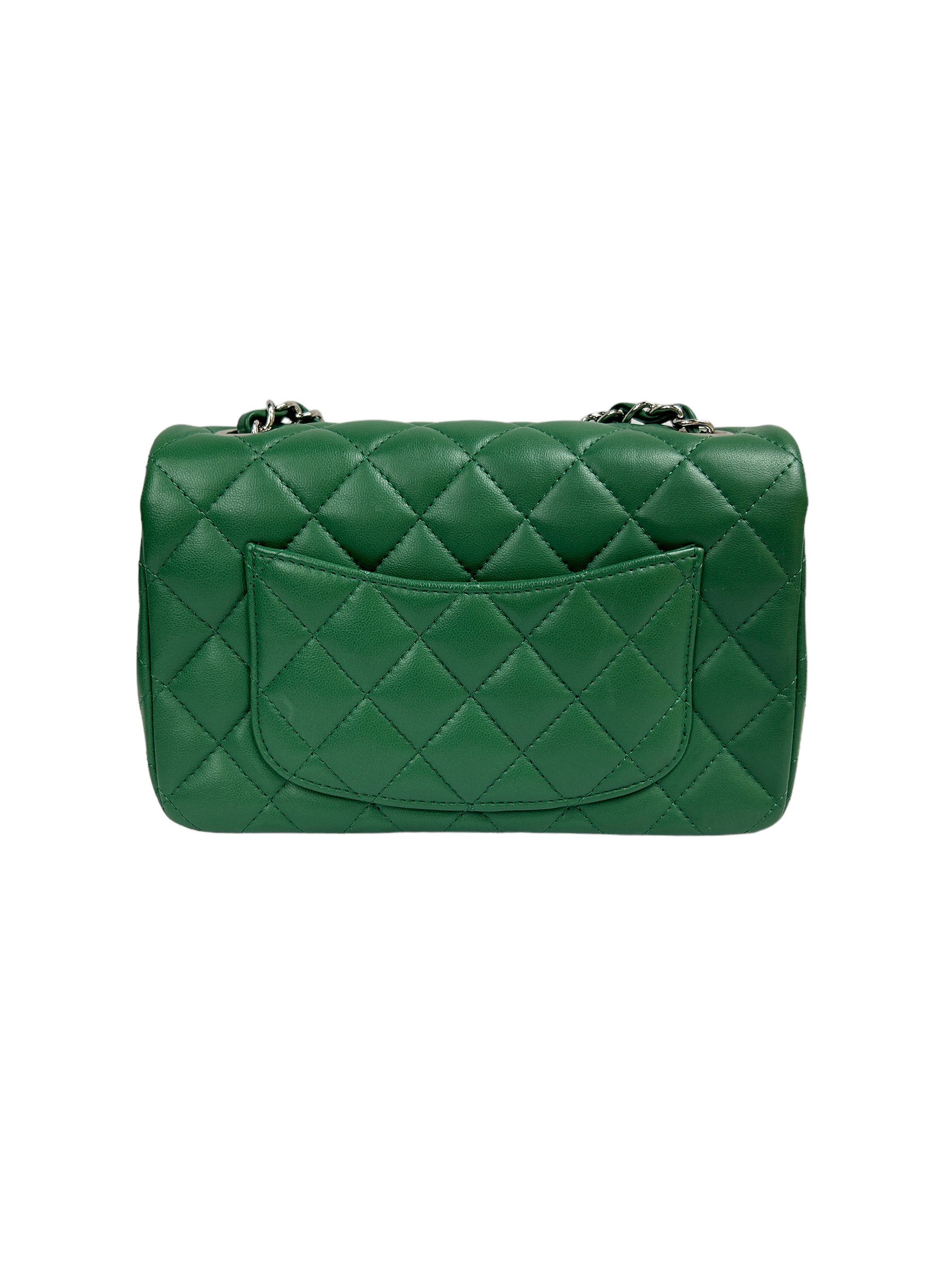 Green Quilted Lambskin Mini Rectangle Classic Flap w/SHW