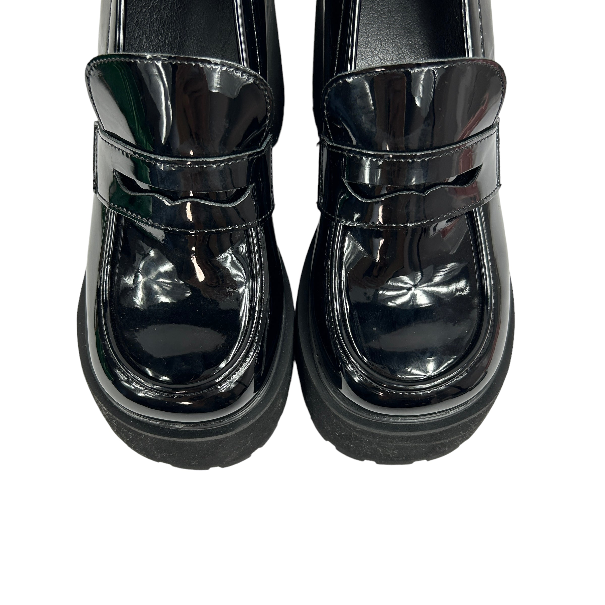Black Faux Patent Platform Heeled Loafers
